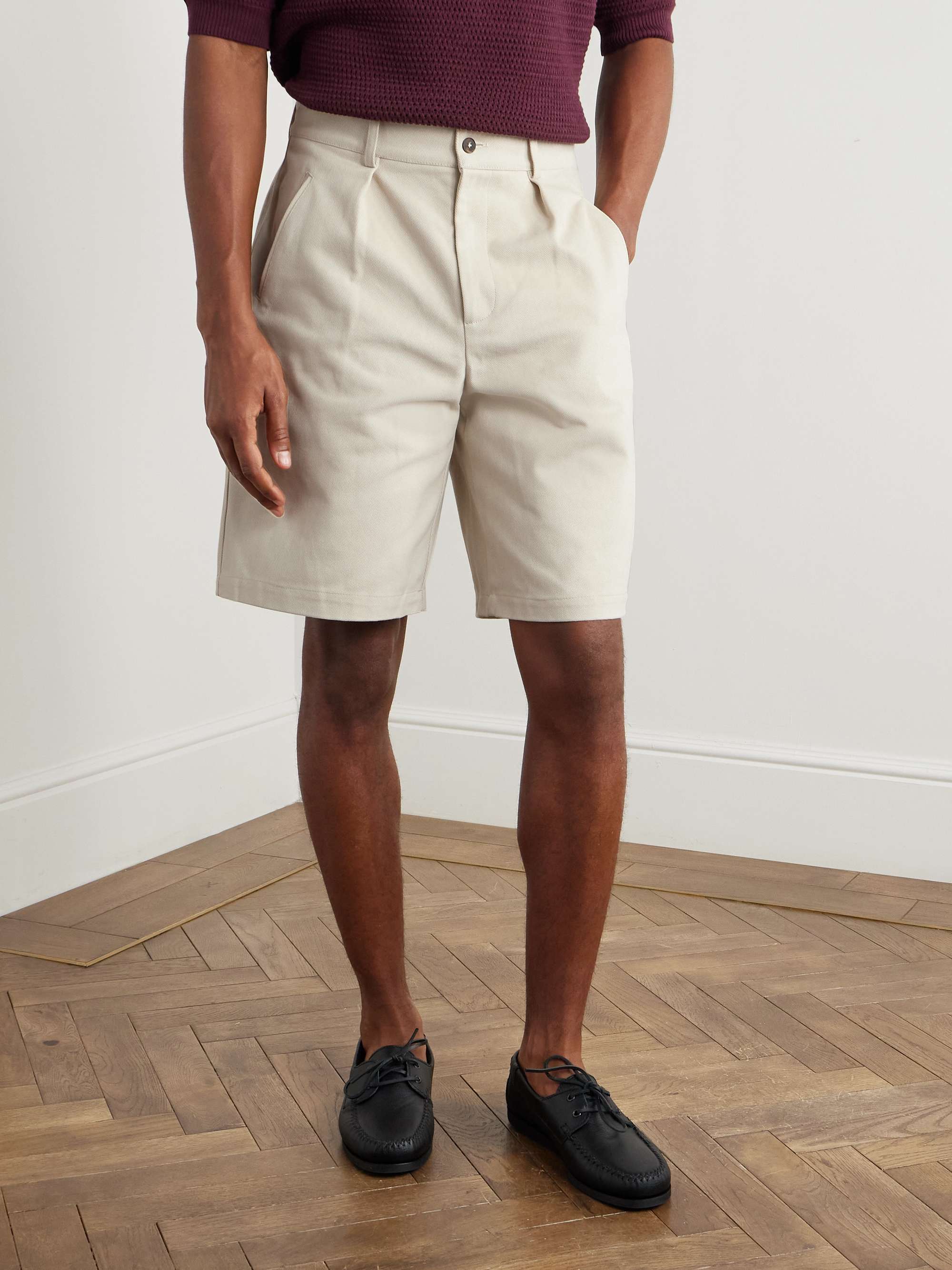 Straight-Leg Pleated Cotton-Drill Shorts view