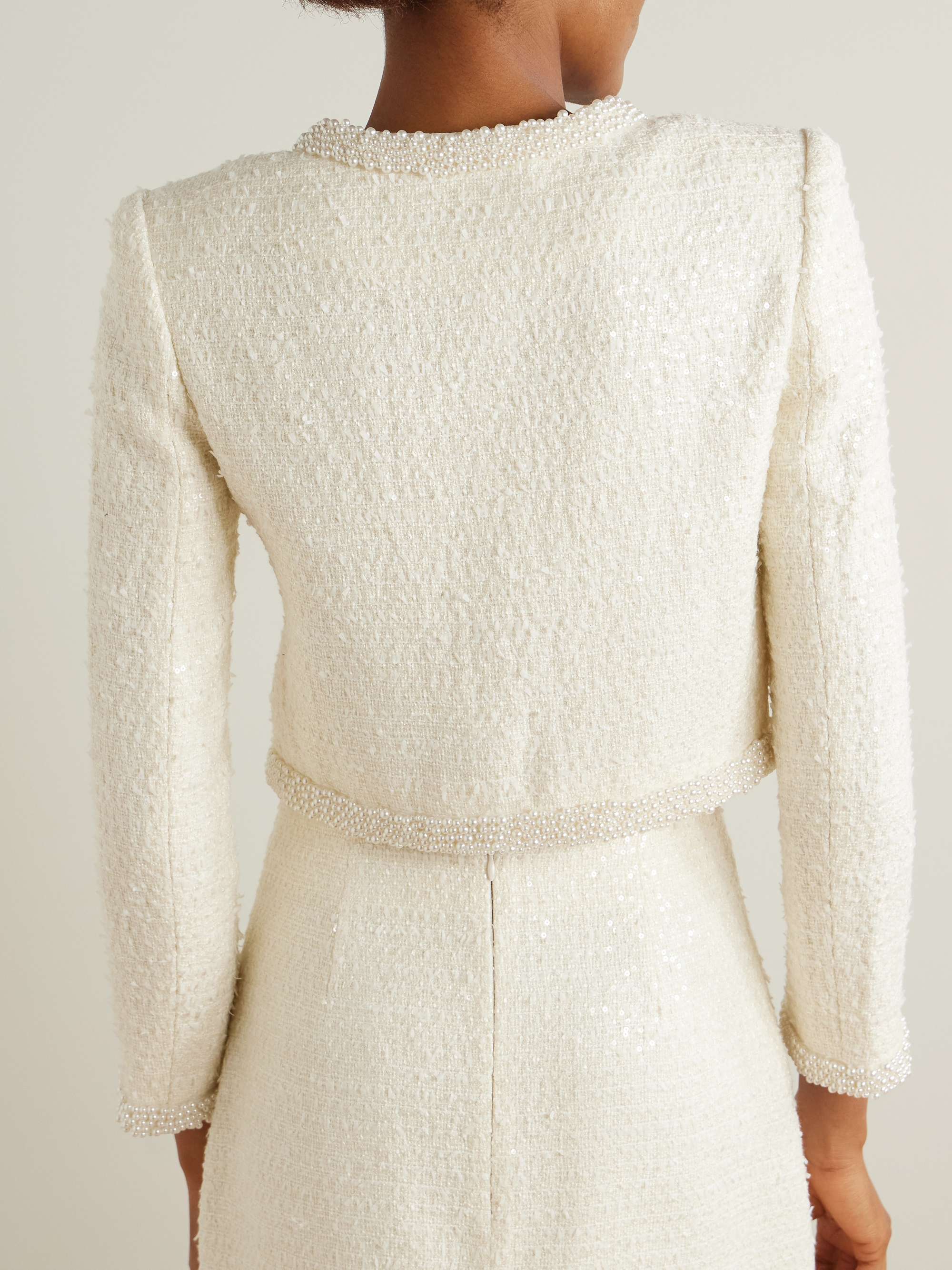 Cropped faux pearl-embellished sequined tweed jacket view