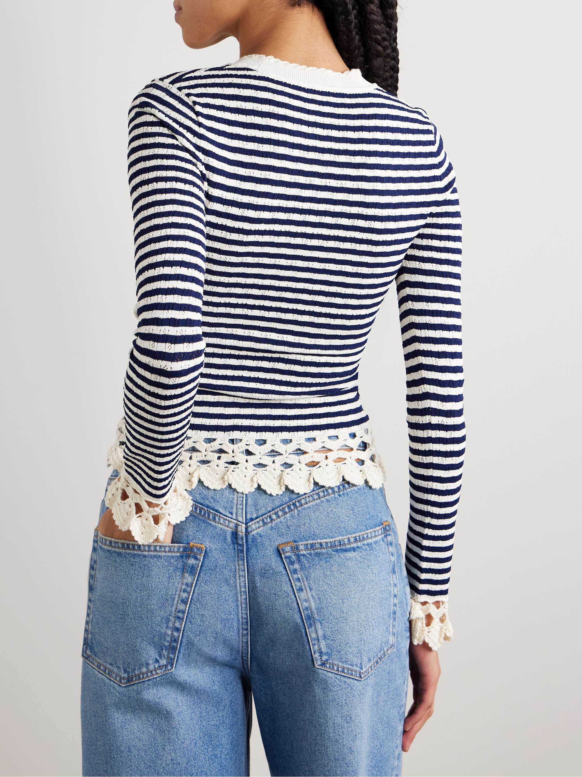 Addy crocheted cotton-trimmed striped pointelle-knit sweater view