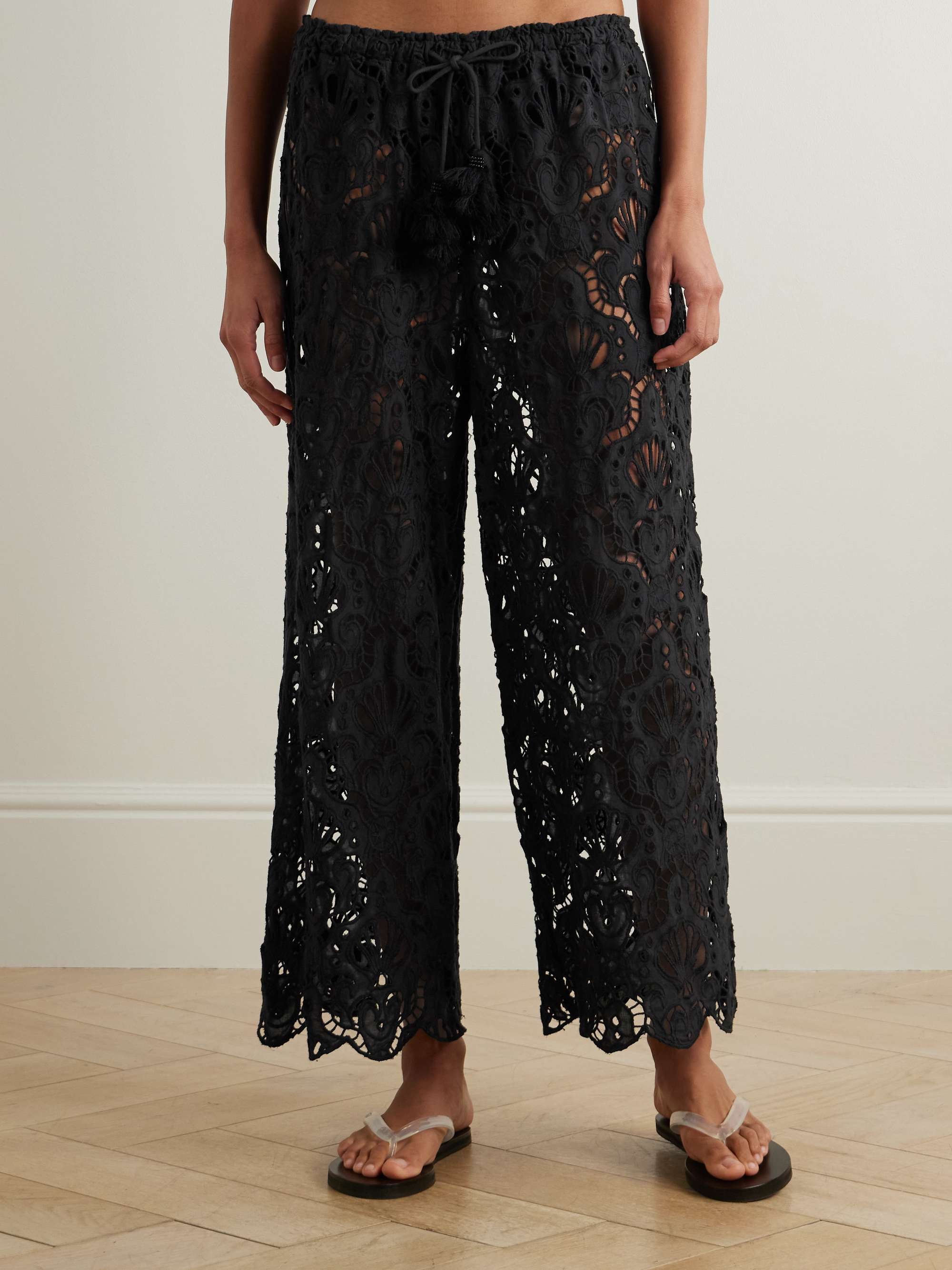 Seashell tassled broderie anglaise cotton wide-leg pants view