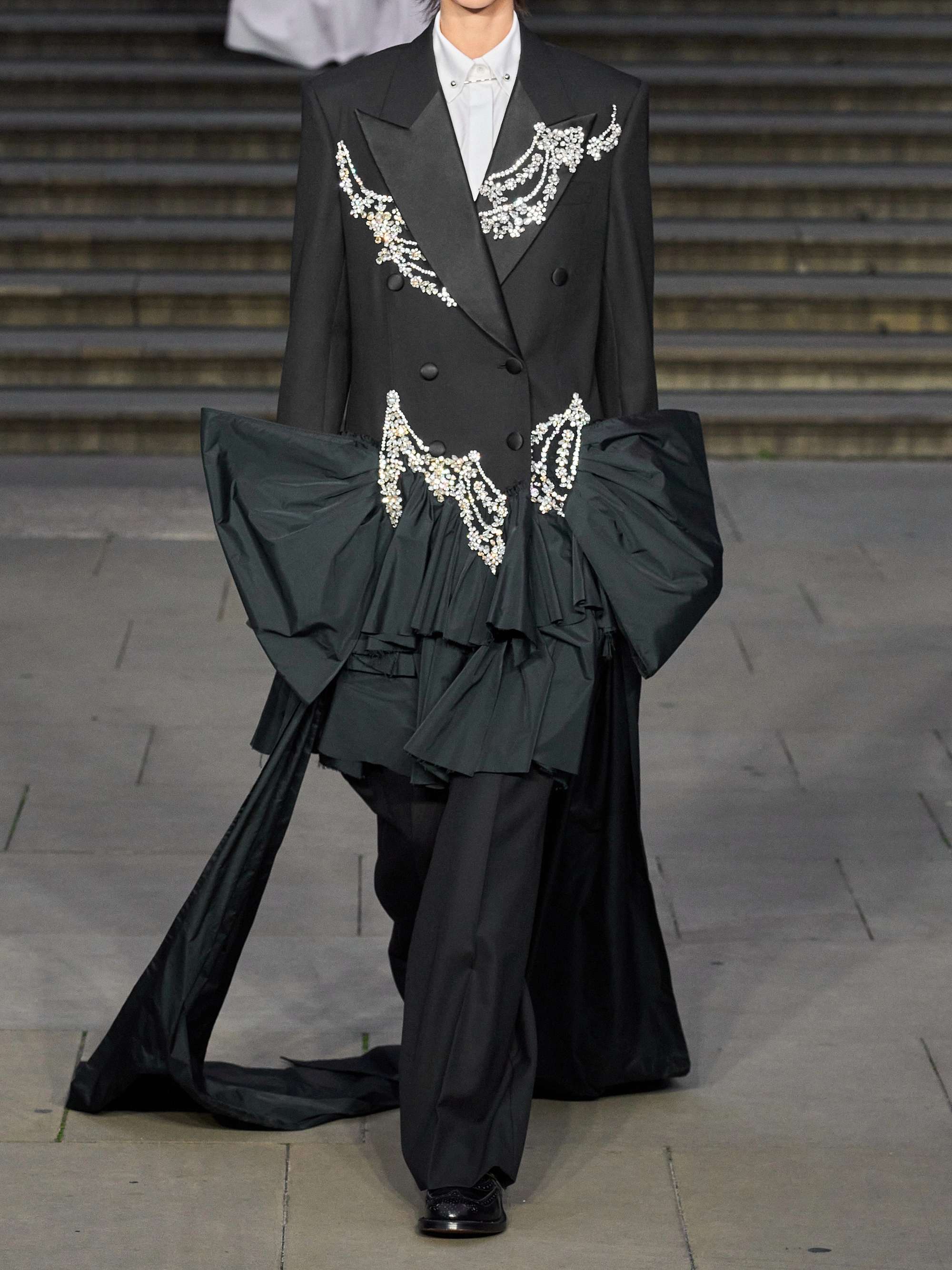 Crystal-embellished silk satin-trimmed grain de poudre wool blazer view