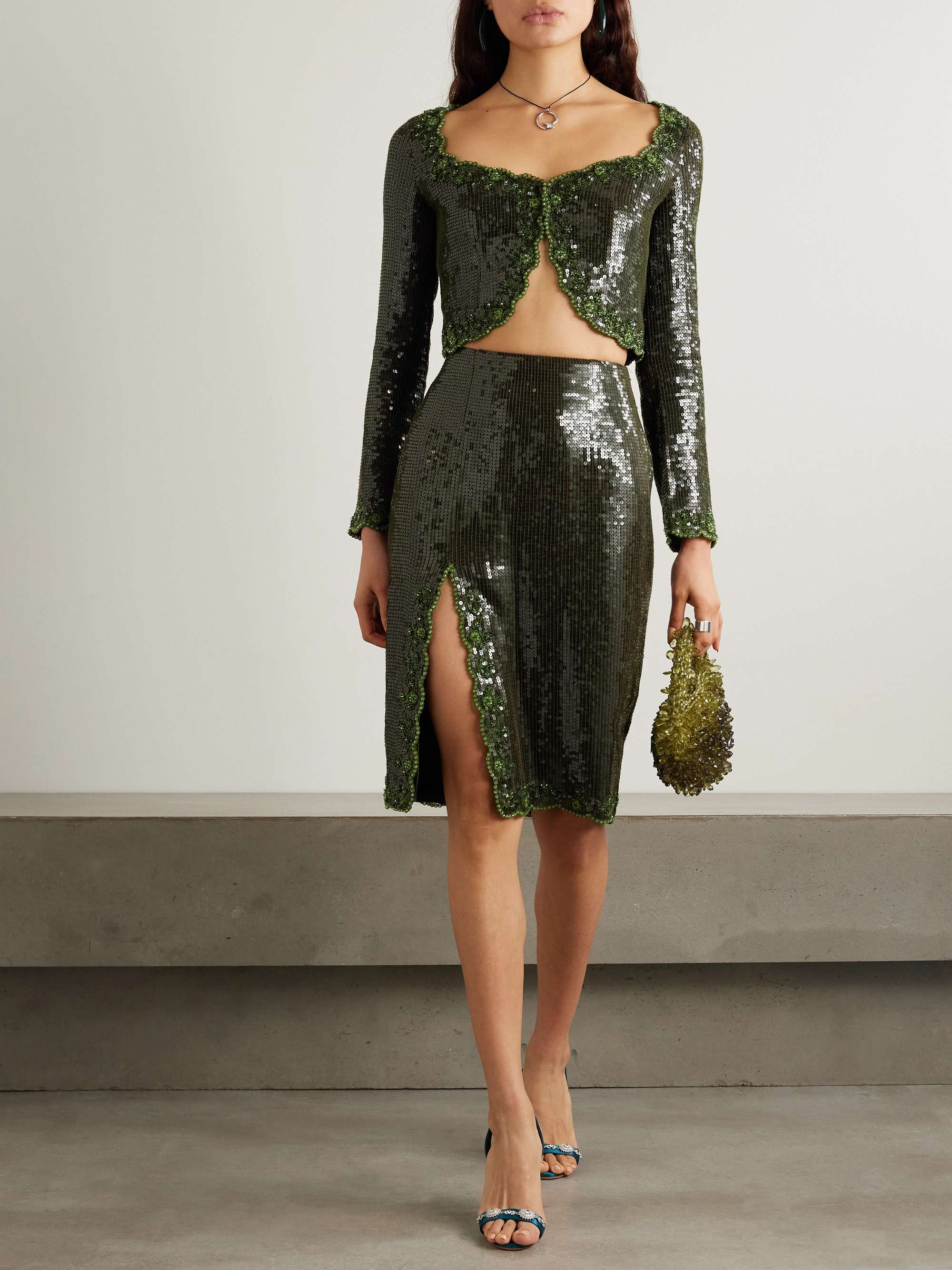 Olivine scalloped embellished crepe midi skirt view