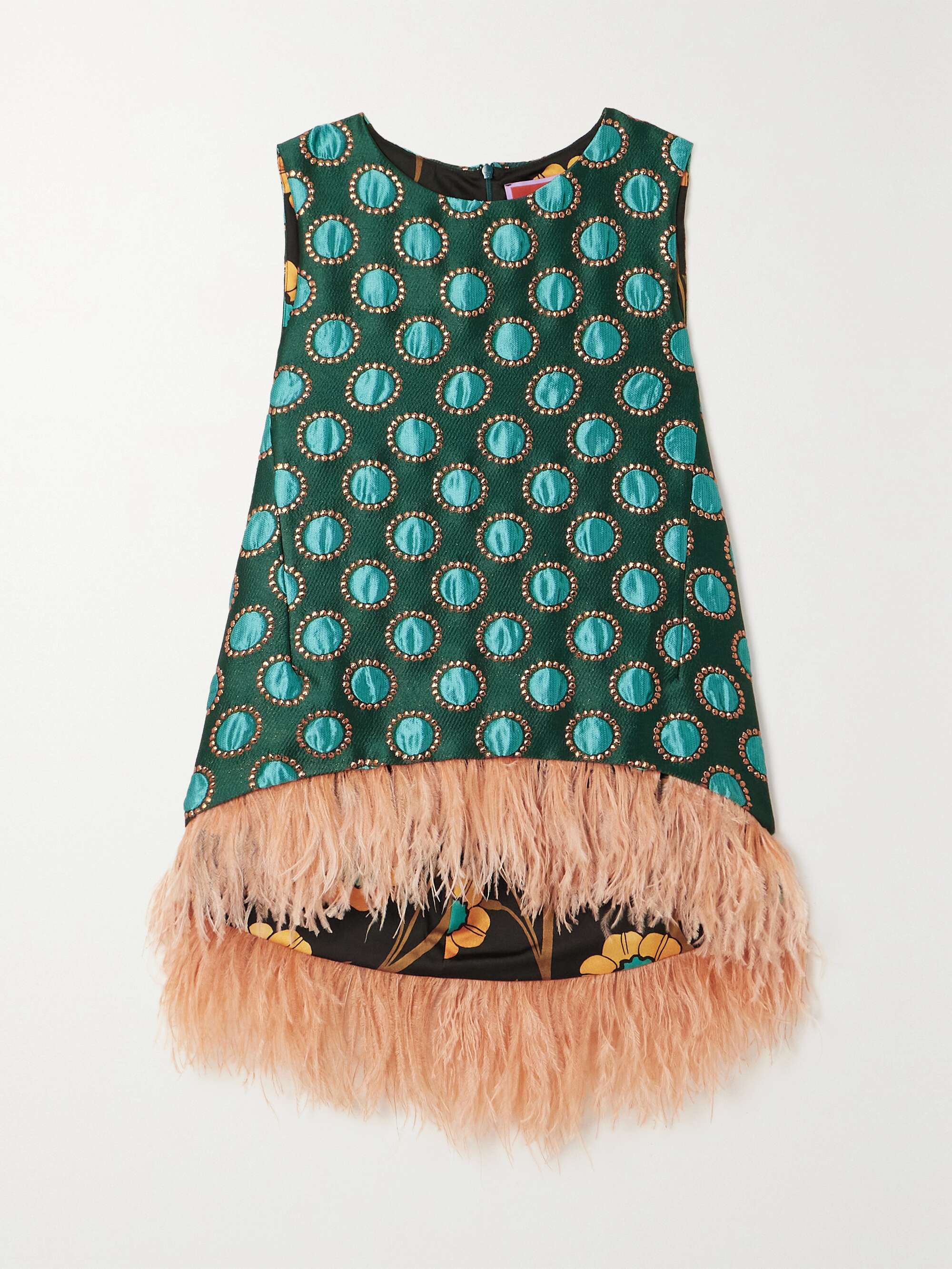 La Scala asymmetric feather-trimmed metallic jacquard top hero visual