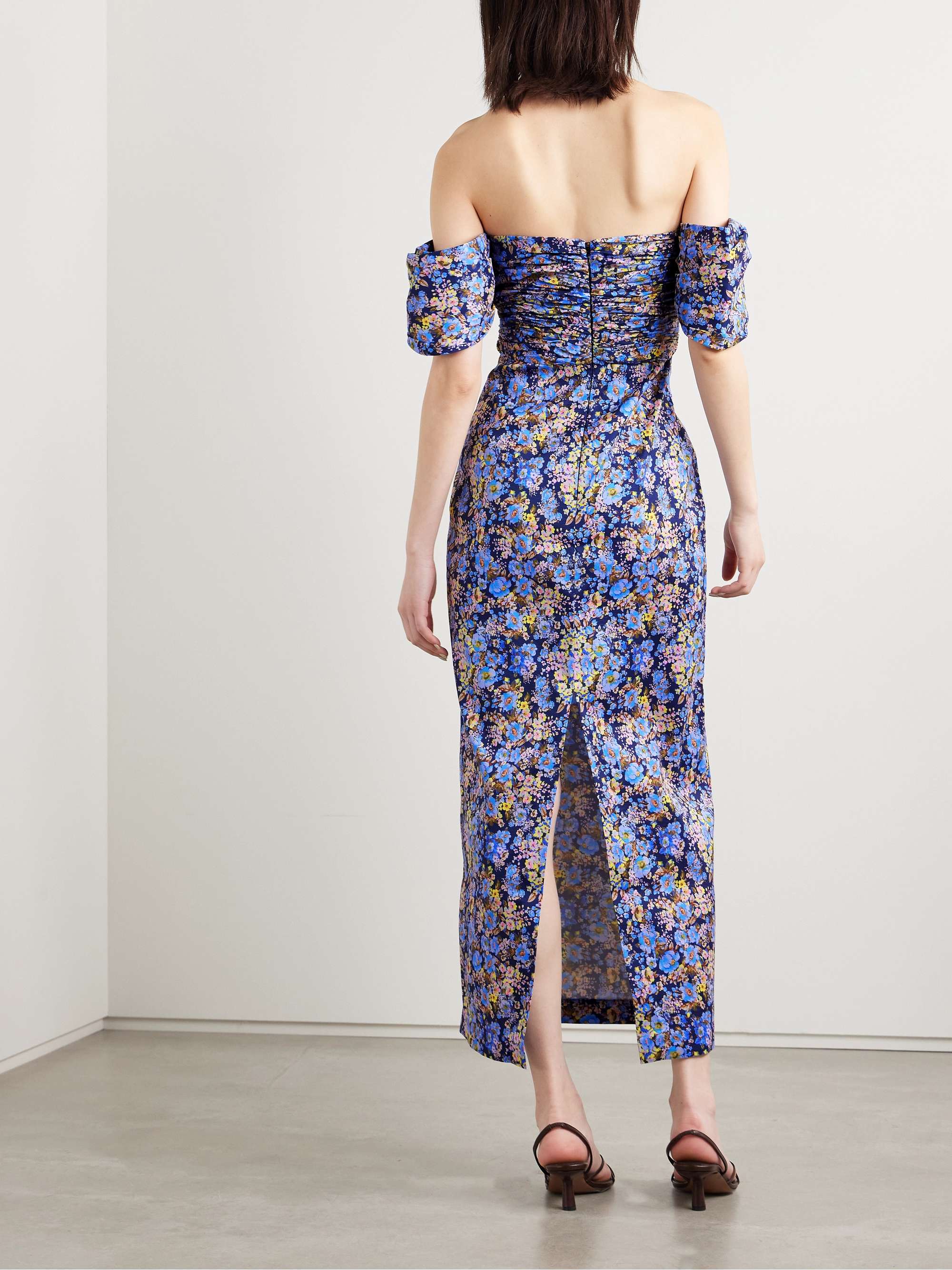 Adele off-the-shoulder ruched floral-print taffeta midi dress view