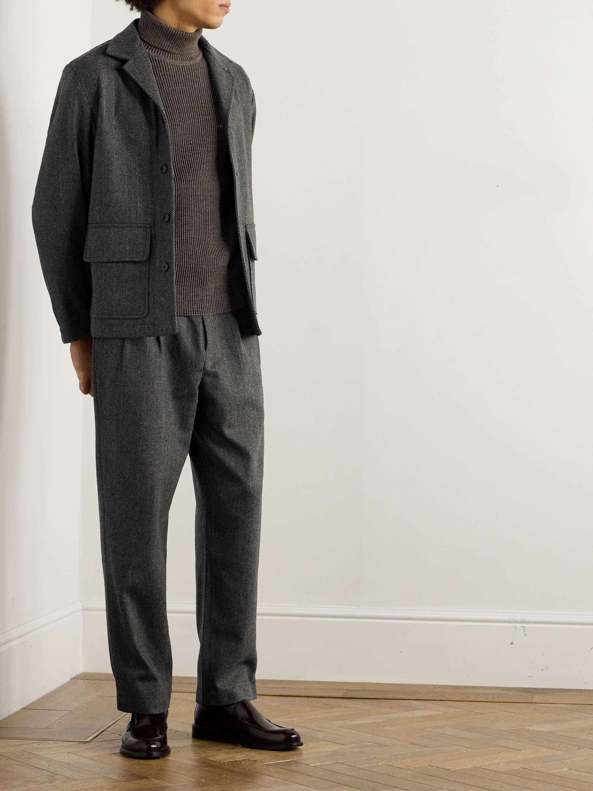 Traveler Straight-Leg Pleated Herringbone Wool and Cashmere-Blend Trousers view