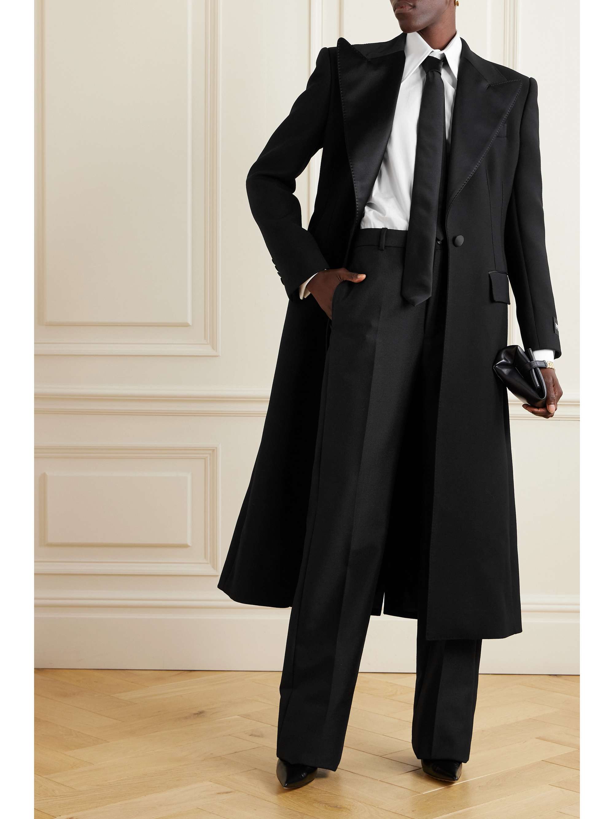 Satin-trimmed wool-blend coat view