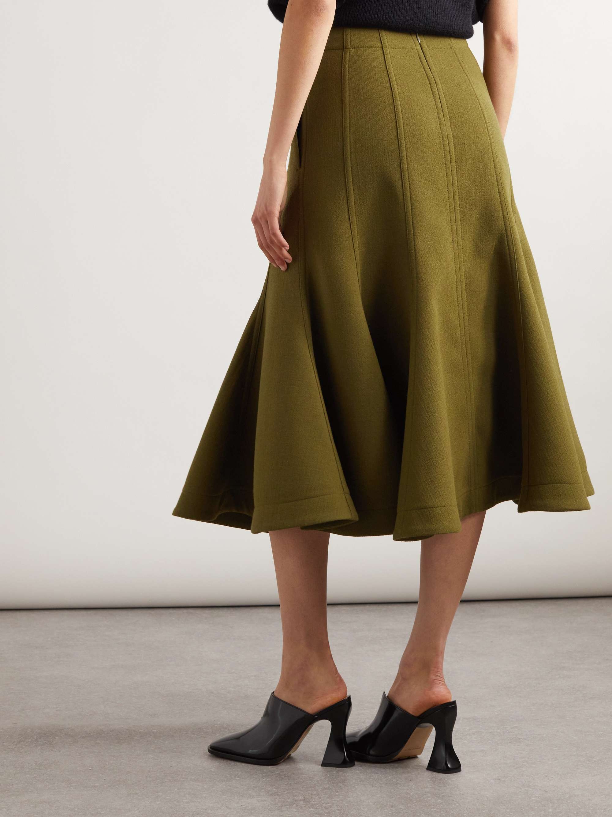 Paneled pleated wool-crepe midi skirt view