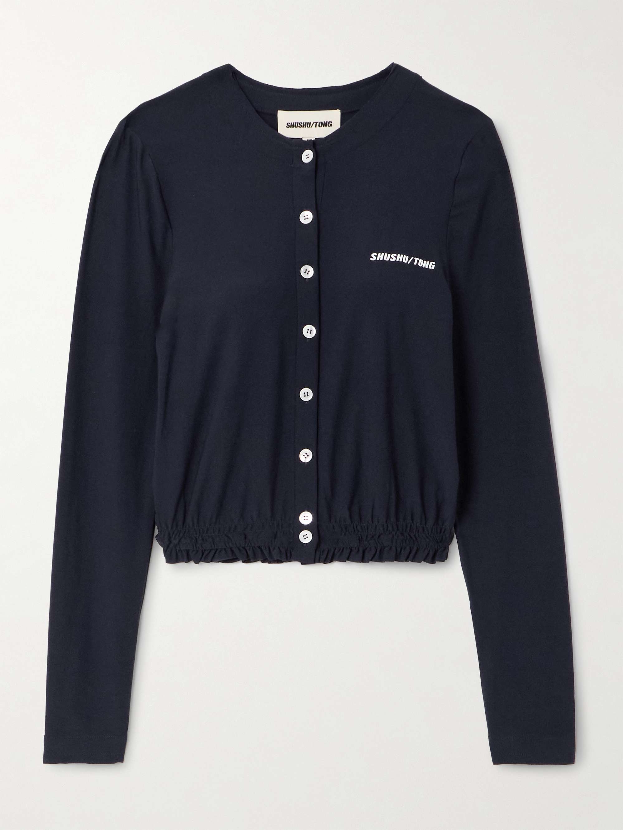 Cropped shirred jersey cardigan hero visual