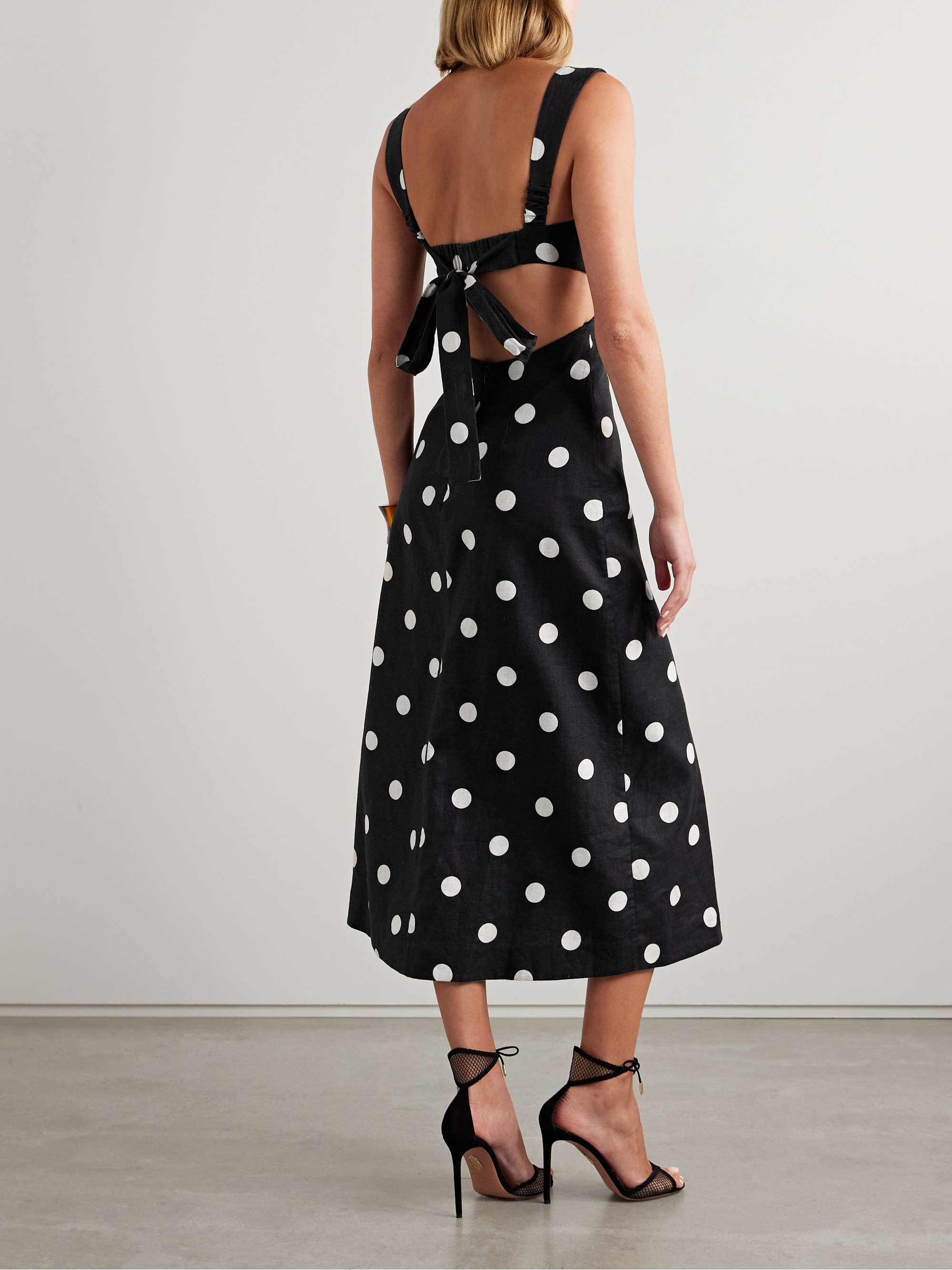 Crush cutout pleated polka-dot linen midi dress view