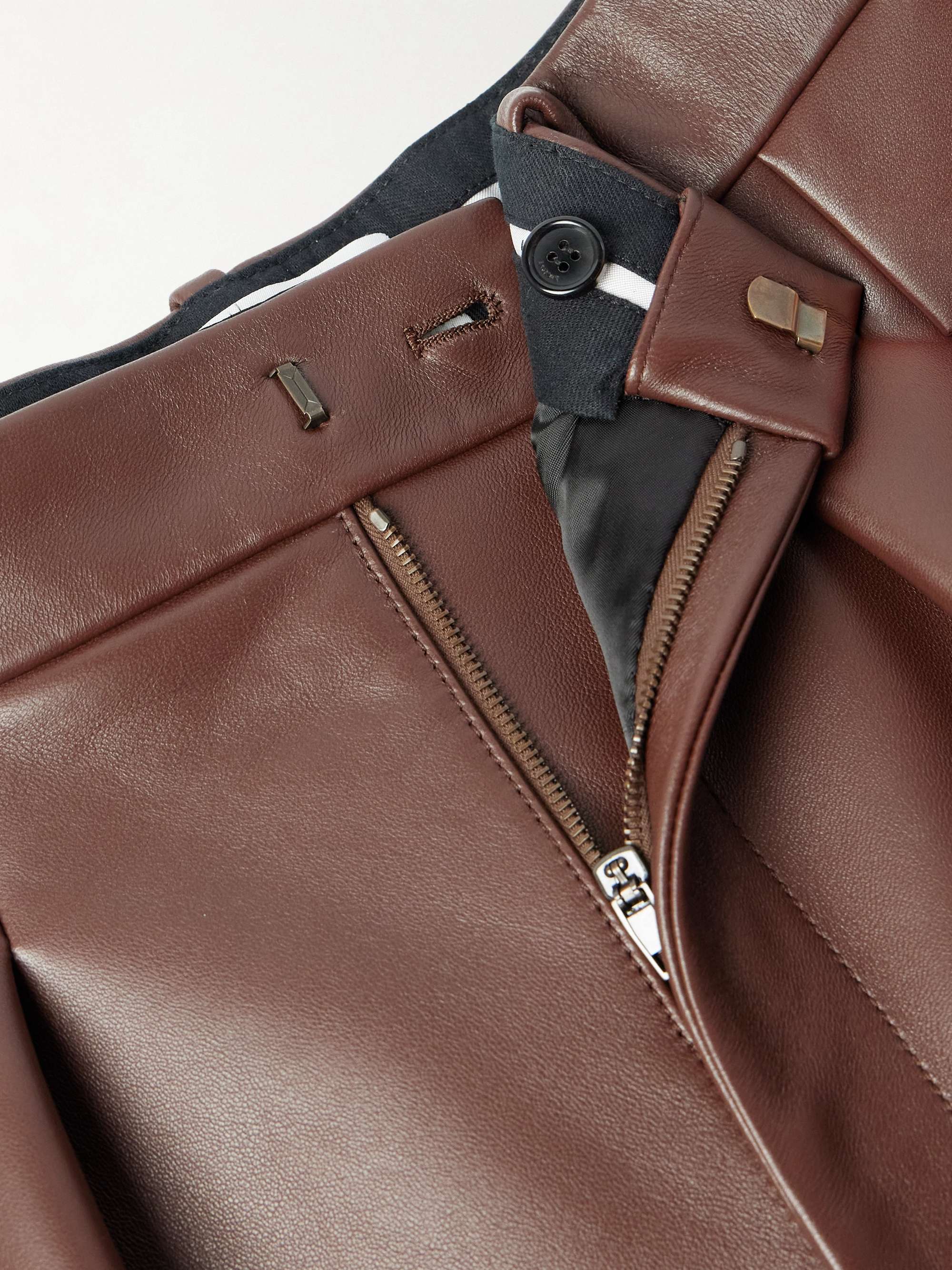 Straight-Leg Pleated Leather Tousers view