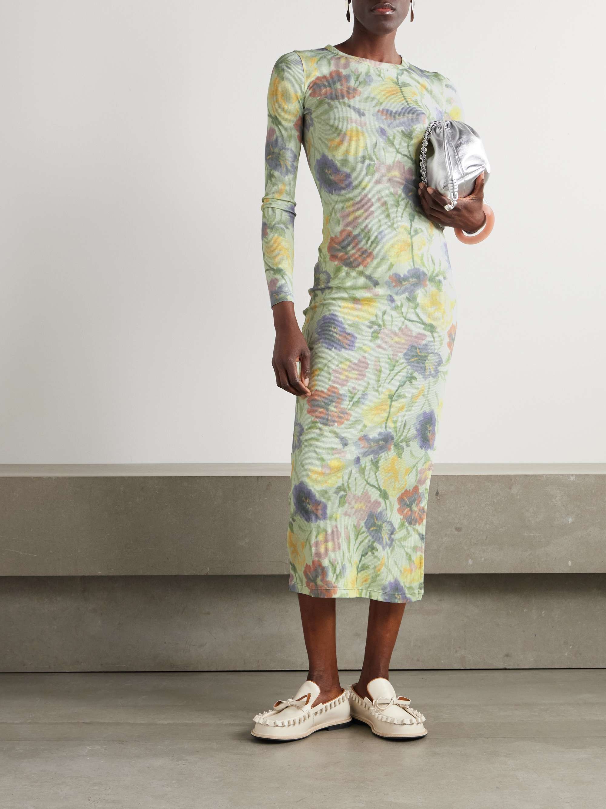Floral-print ribbed silk and cotton-blend midi dress view