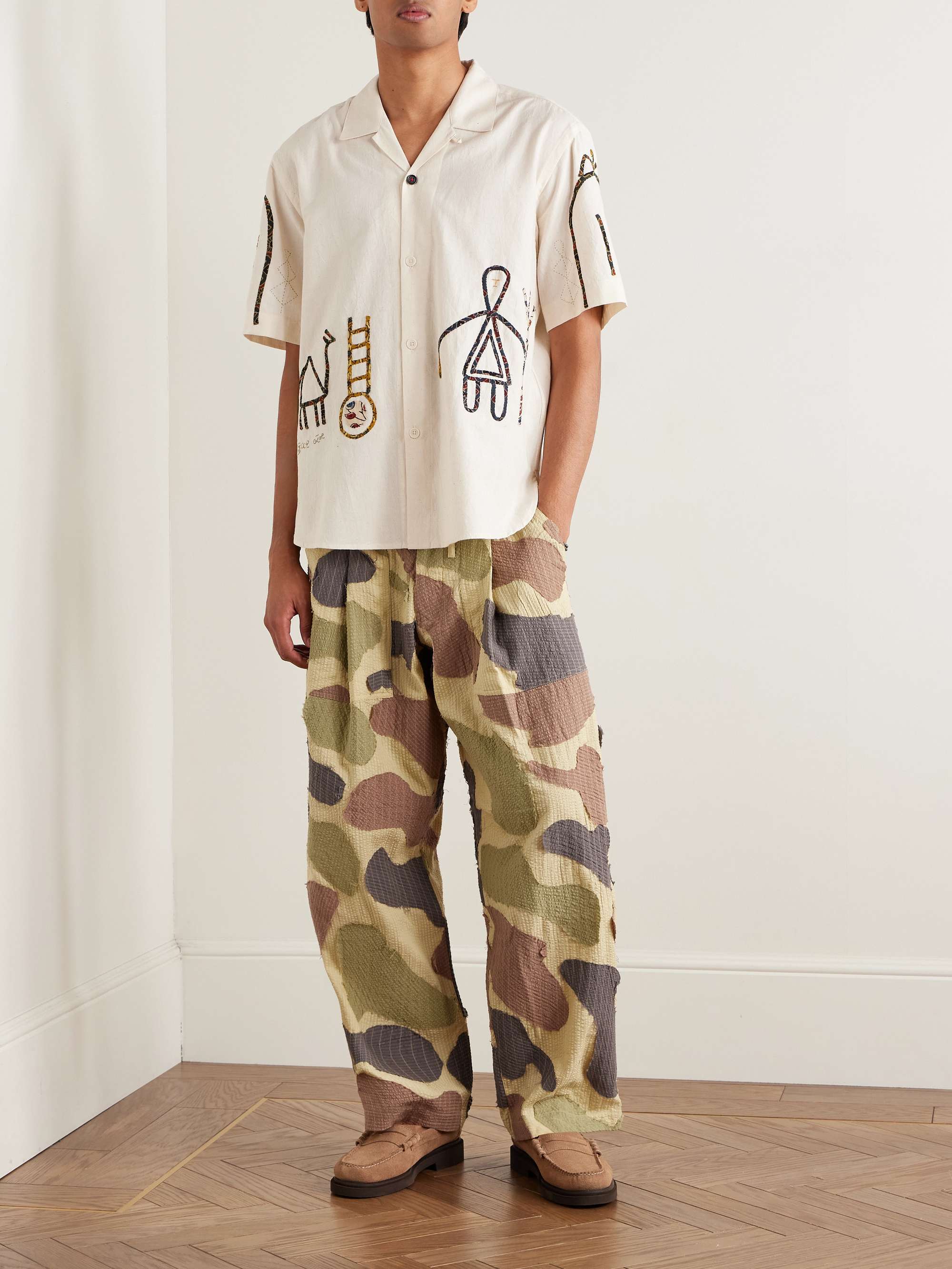 Yuki Wide-Leg Pleated Appliquéd Striped Cotton-Seersucker Trousers view