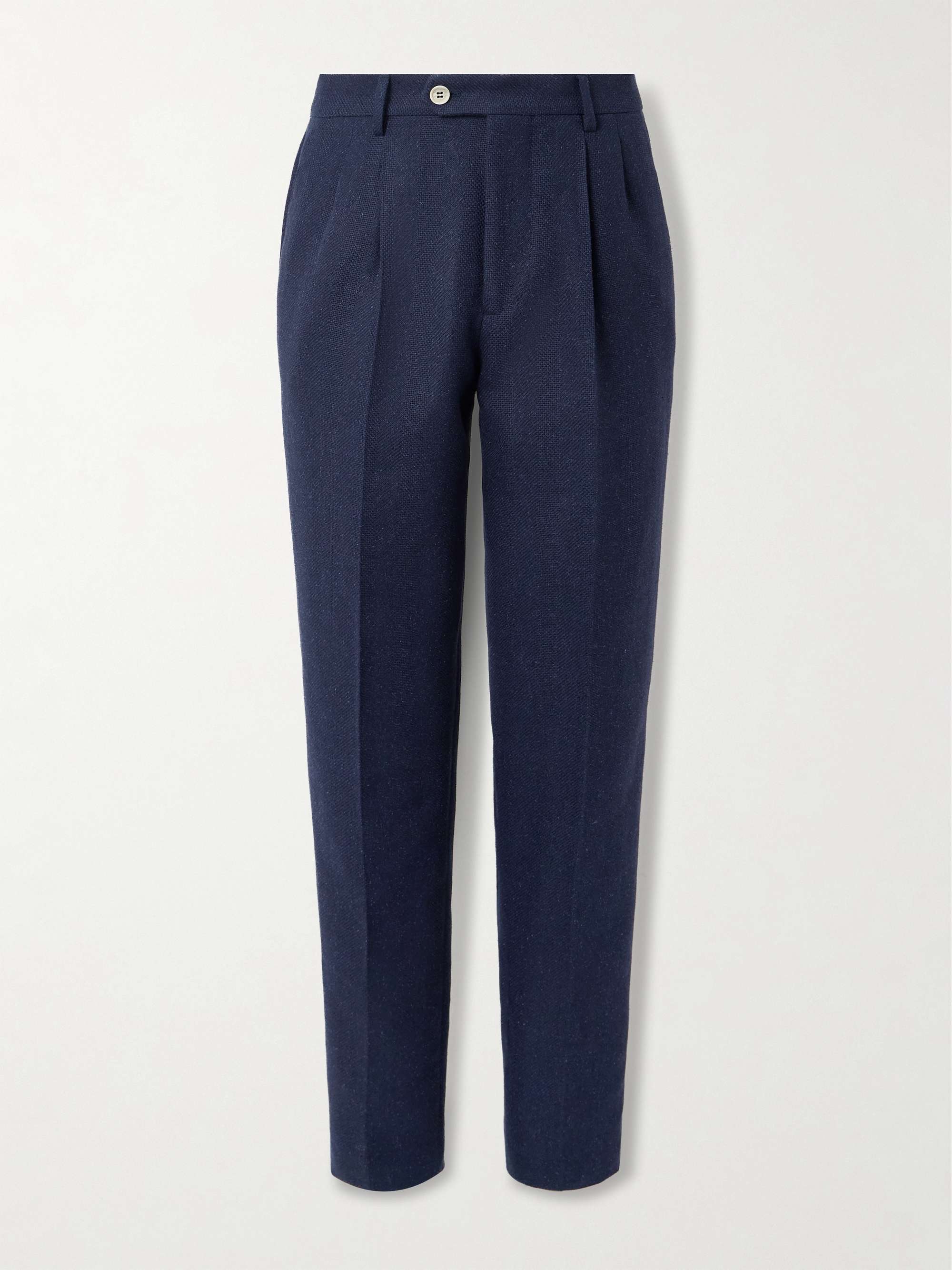 Tapered Pleated Striped Linen, Silk, Wool and Cotton-Blend Suit Trousers hero visual