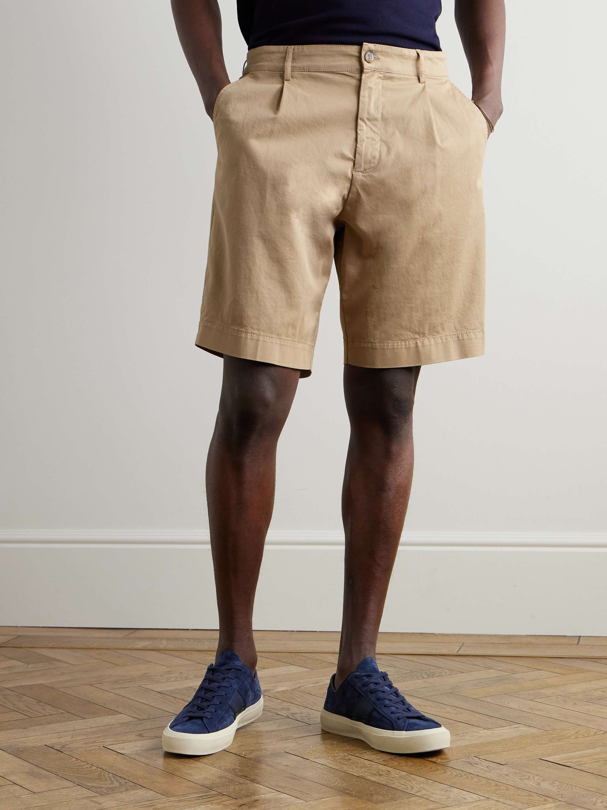 Straight-Leg Pleated Stretch-Cotton Twill Shorts view