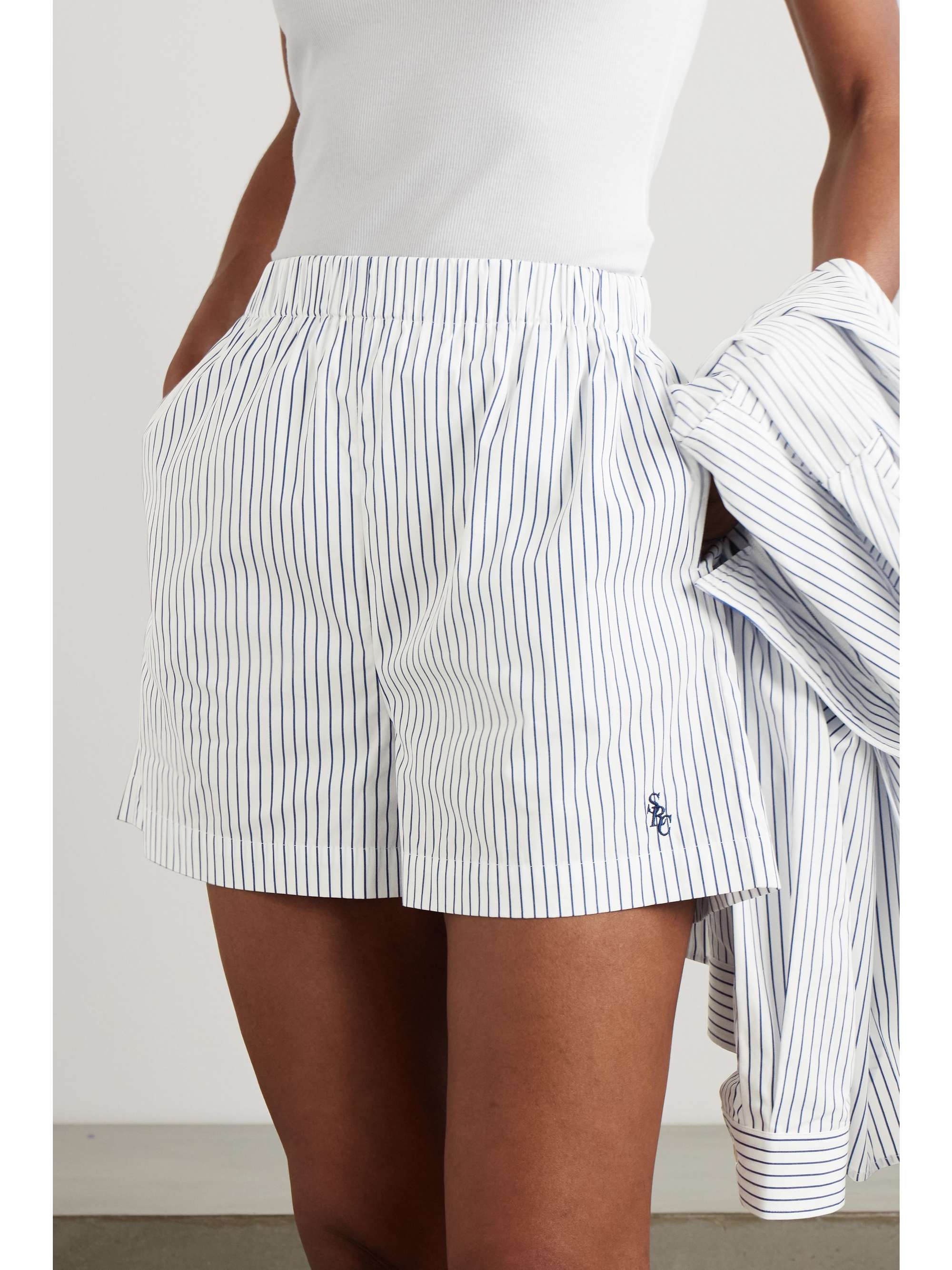 SRC embroidered striped cotton-poplin shorts view