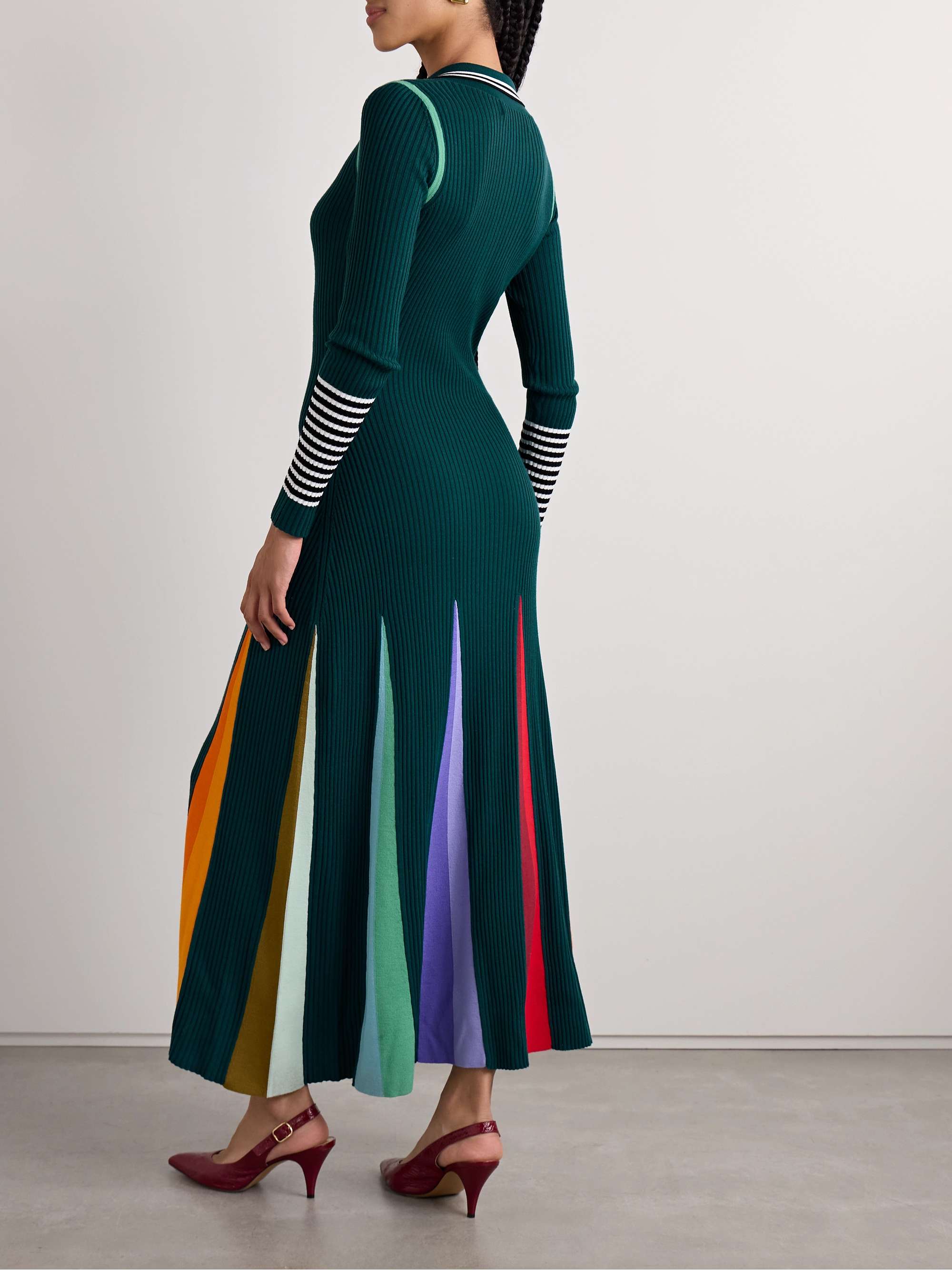 Godet striped ribbed merino wool polo maxi dress view
