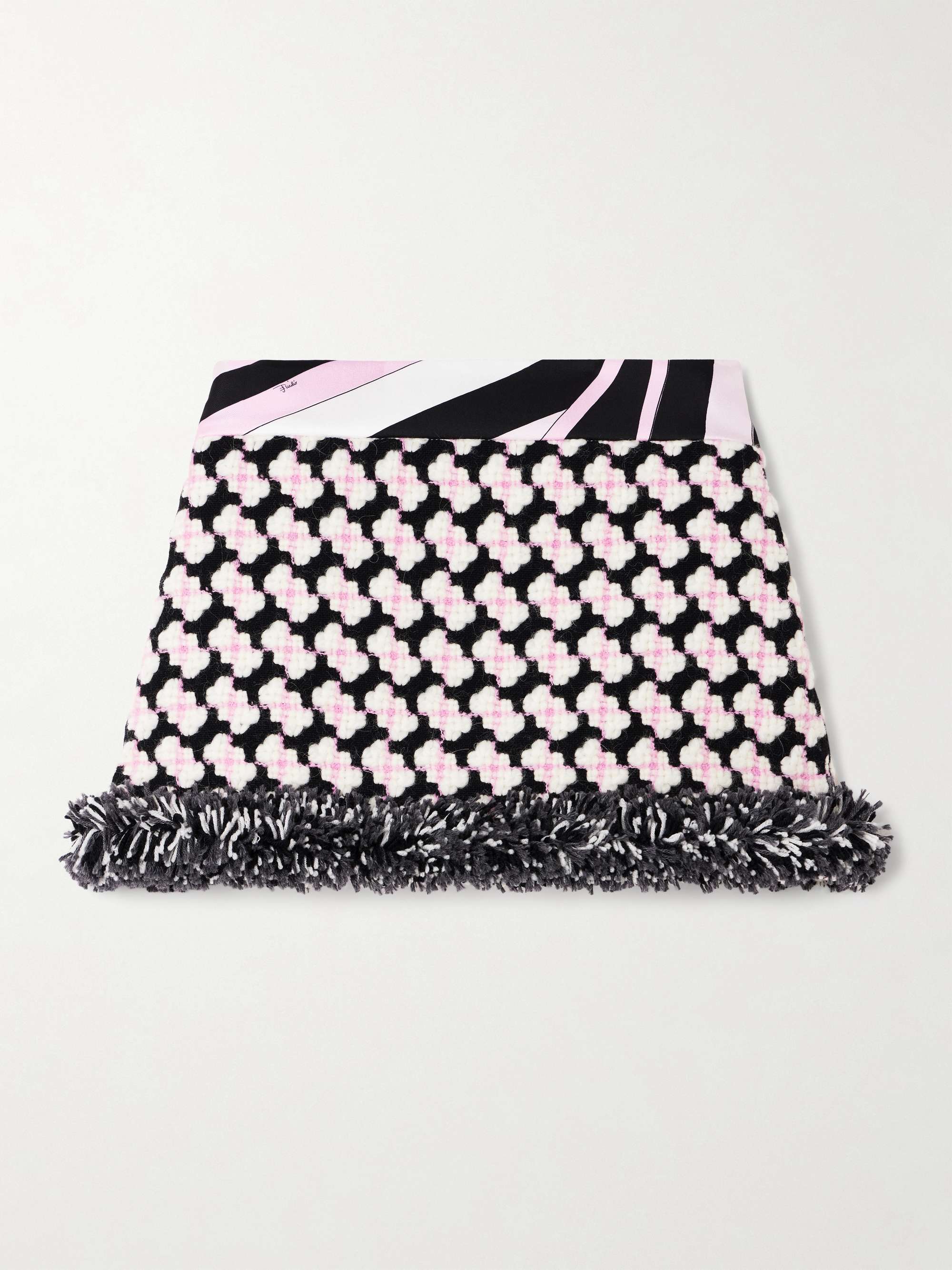 Printed fringed crepe-trimmed wool-blend tweed mini skirt hero visual