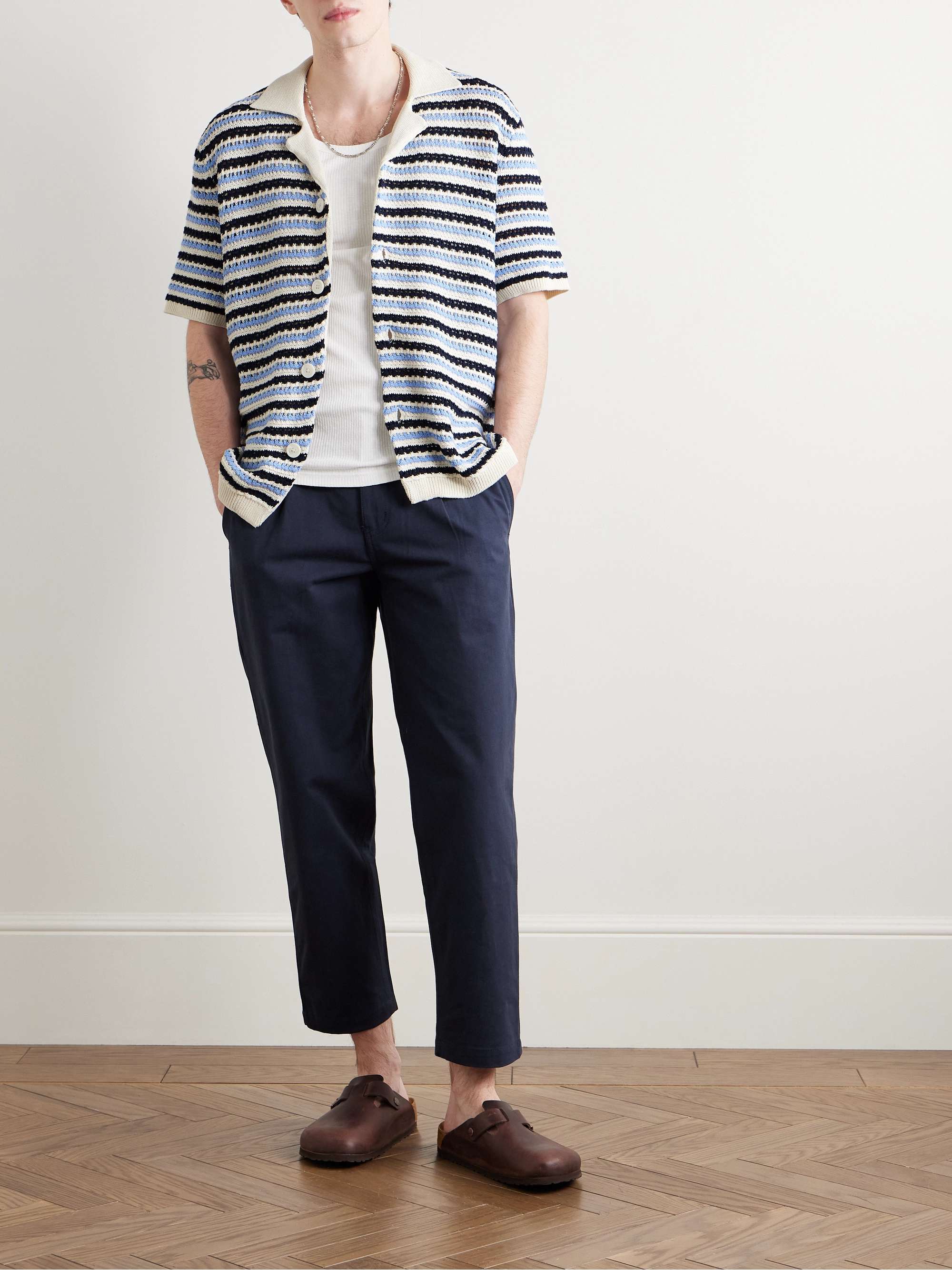 Henry 6636 Camp-Collar Striped Open-Knit Organic Cotton Shirt view