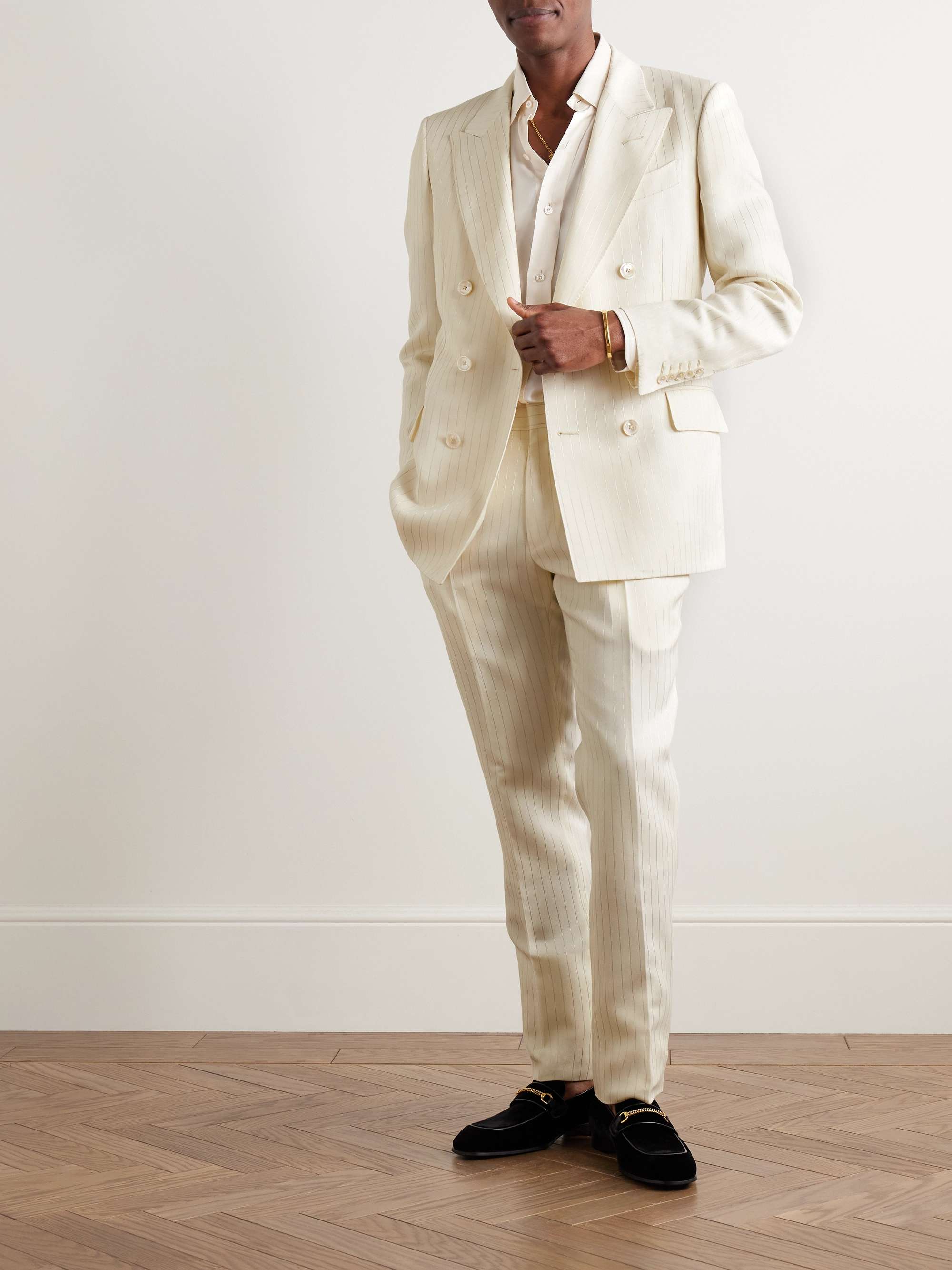 Slim-Fit Metallic Striped Wool-Blend Suit Trousers view