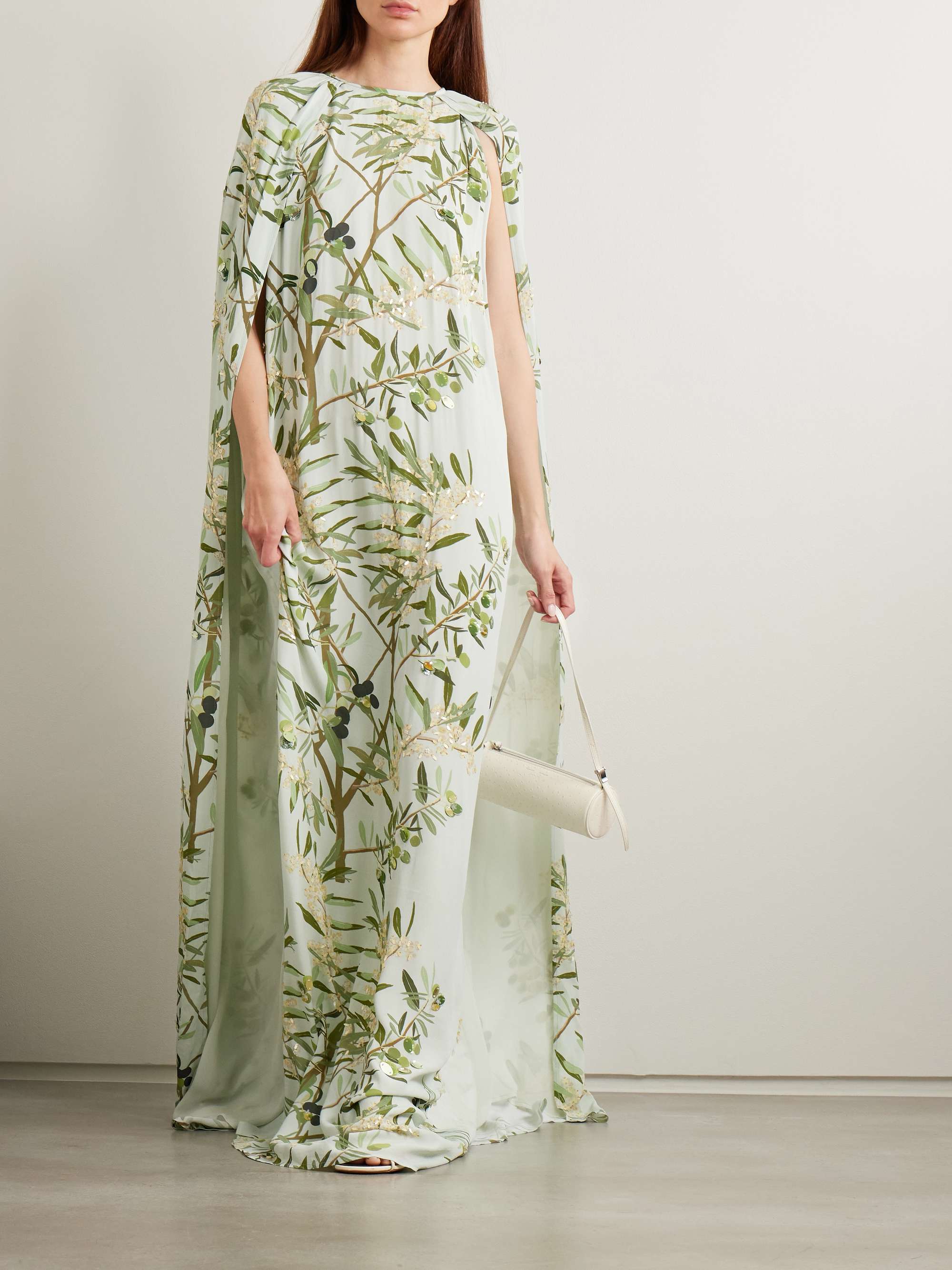 Minnie cape-effect embellished floral-print crepe de chine gown view