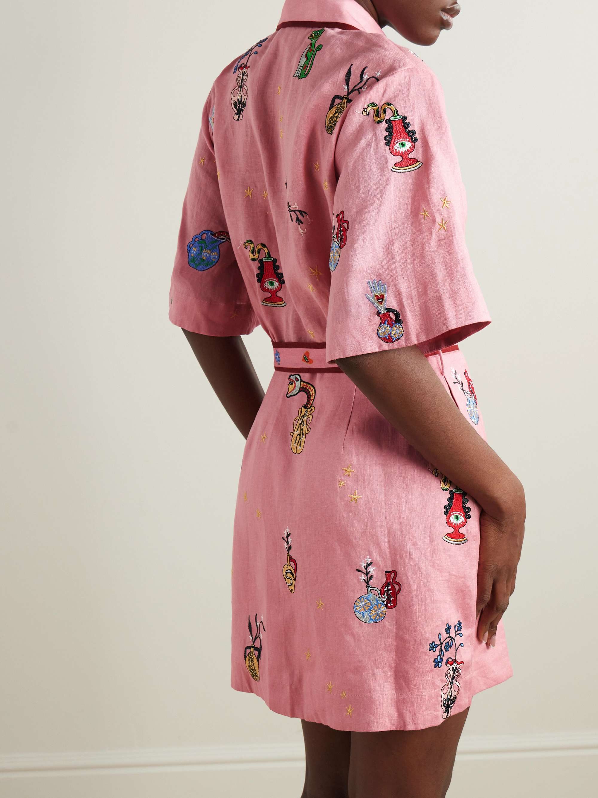 + Nadia Hernandez Timmy belted embroidered printed linen mini shirt dress view