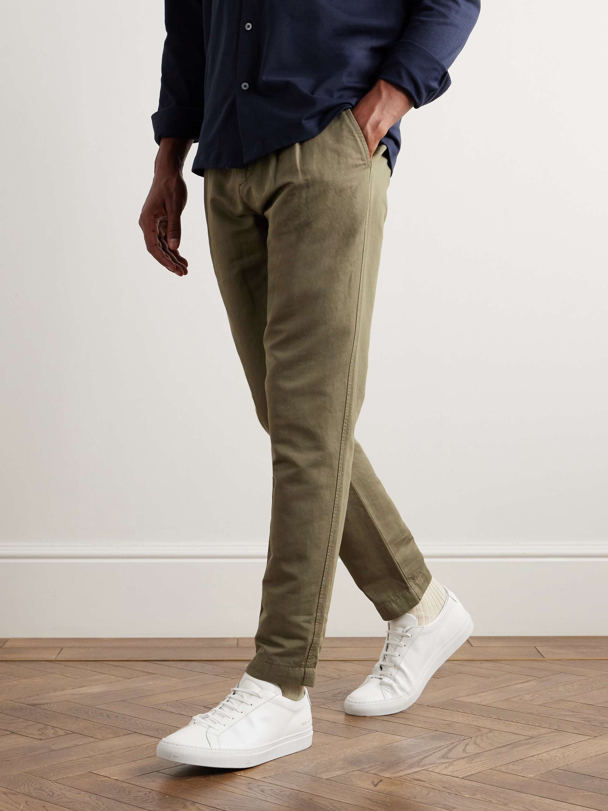 Straight-Leg Pleated Garment-Dyed Cotton and Linen-Blend Trousers view