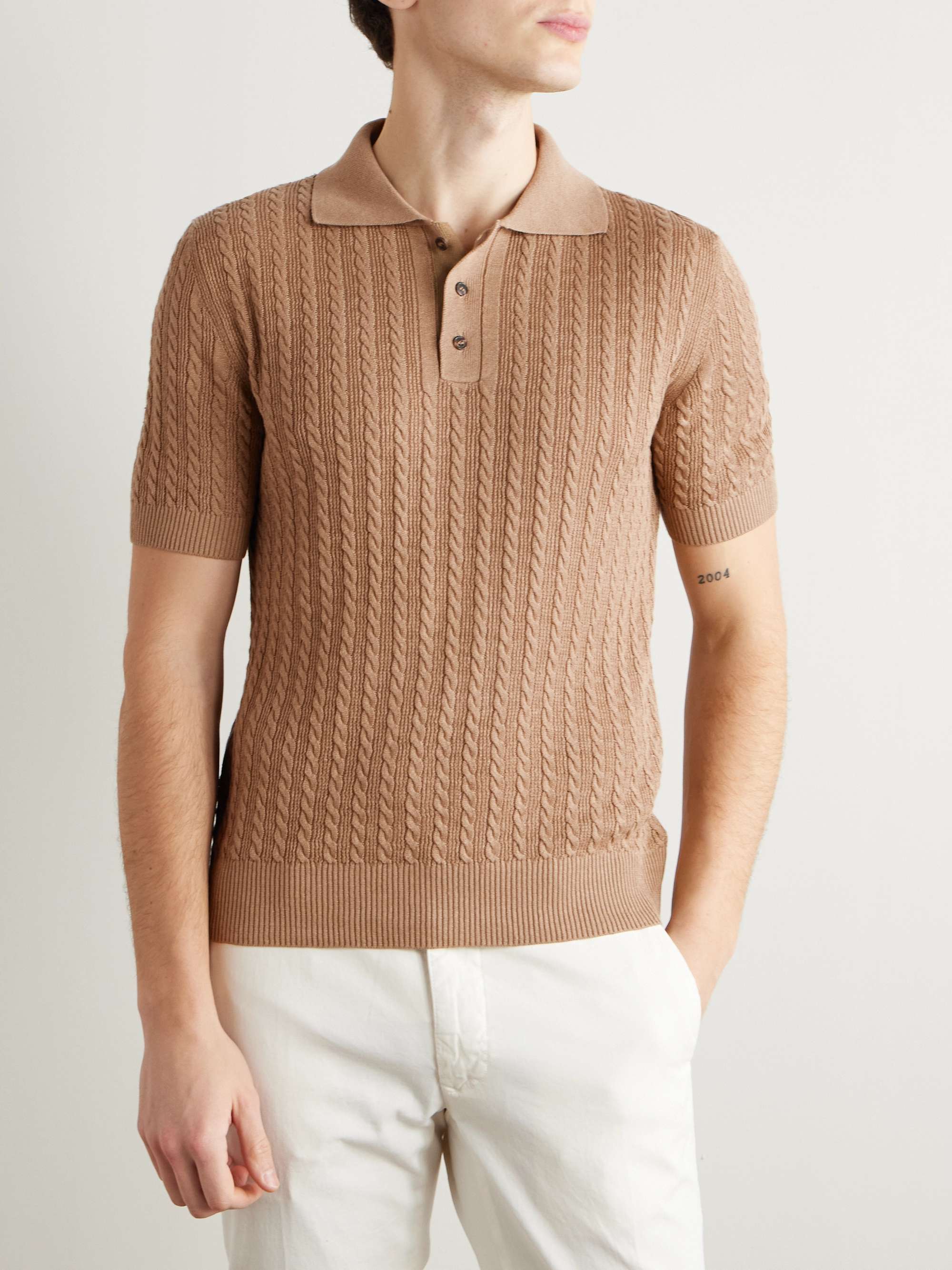 Slim-Fit Cable-Knit Linen and Cotton-Blend Polo Shirt view