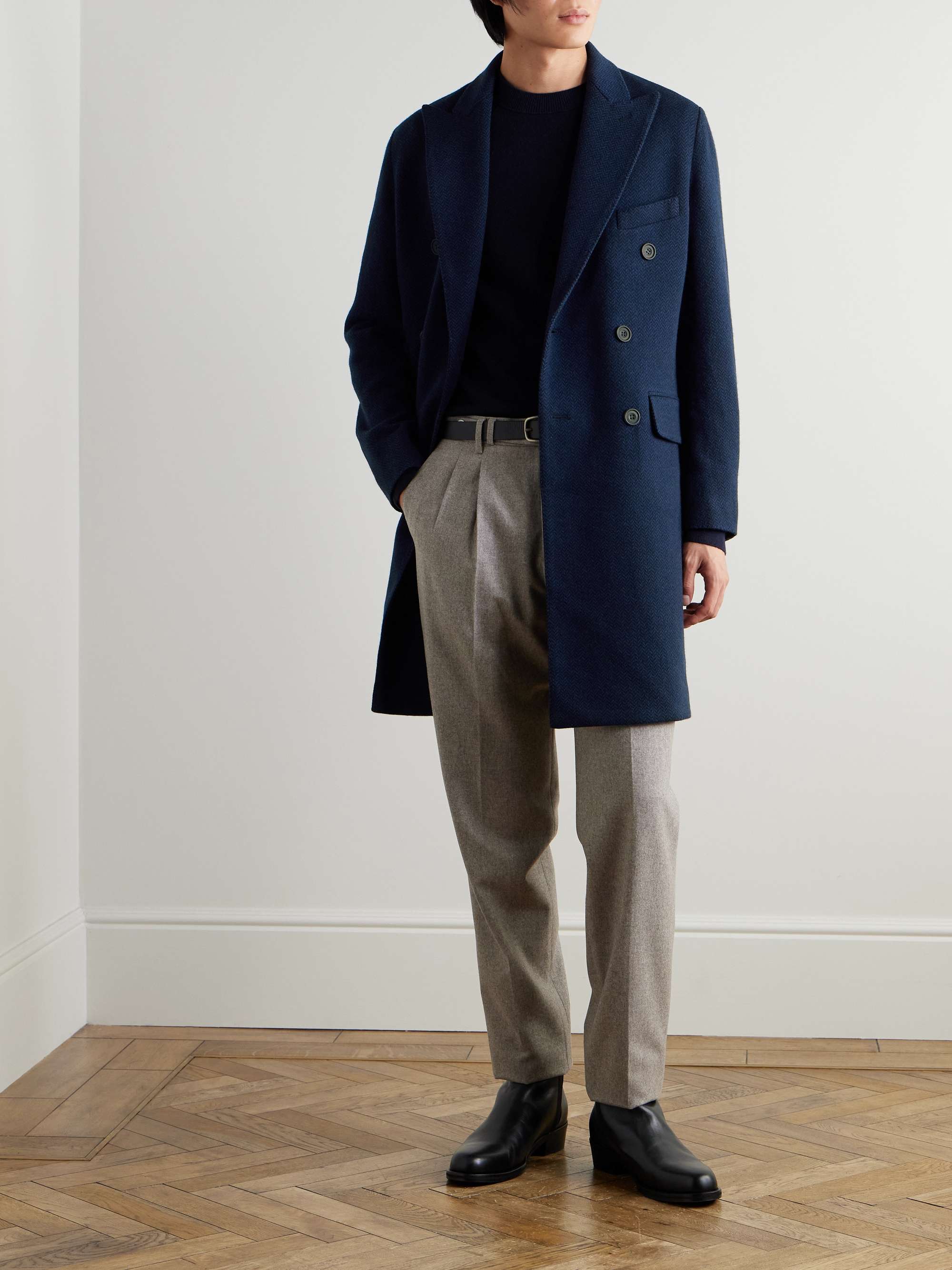 Double-Breasted Herringbone Cashmere Coat view