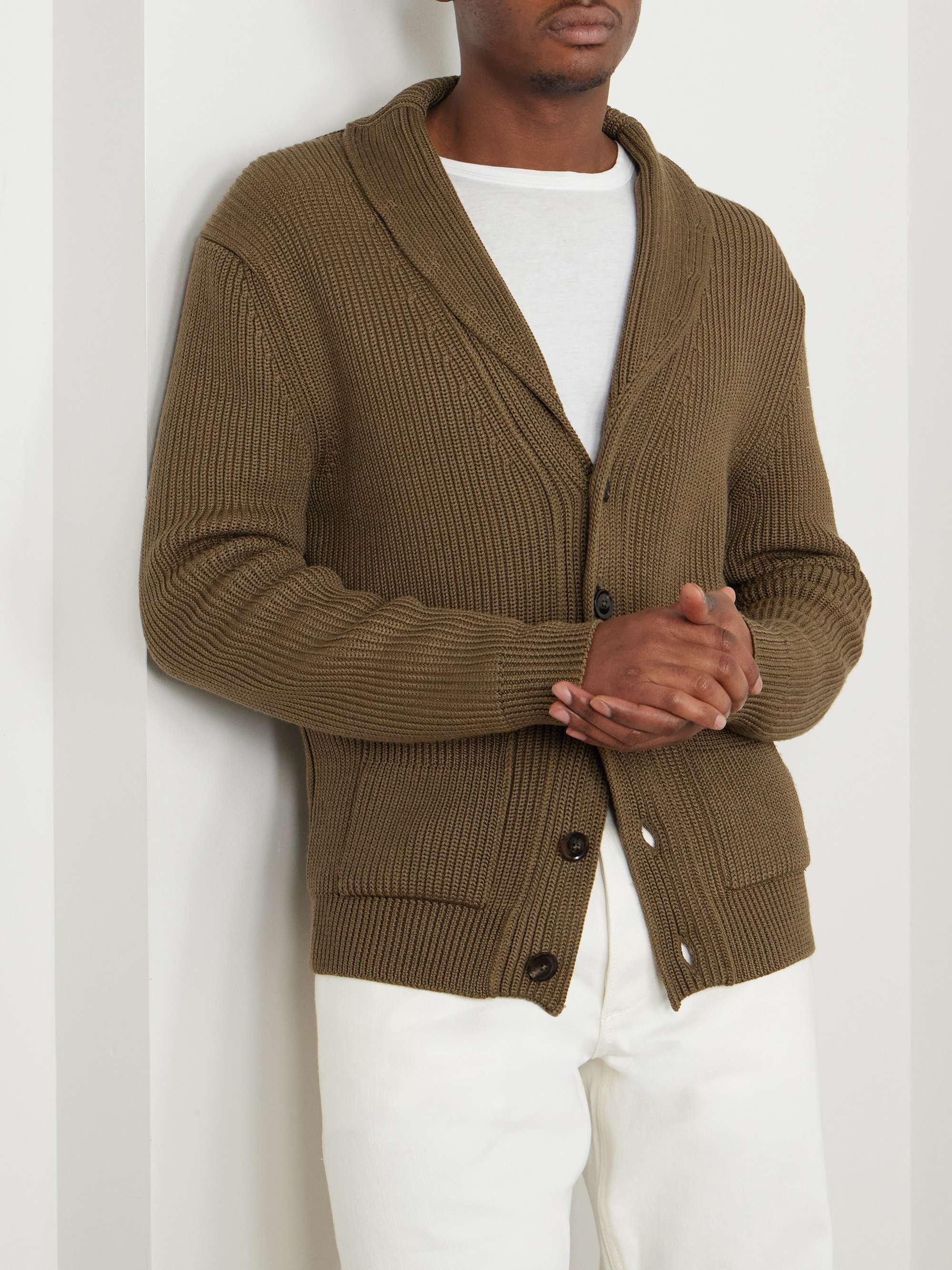 Shawl-Collar Ribbed Silk and Wool-Blend Cardigan view