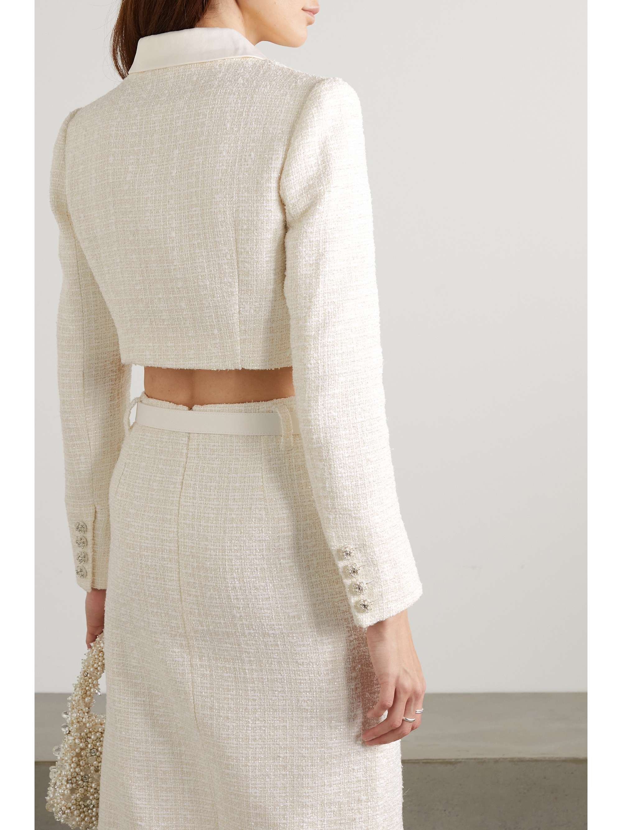 Cropped embellished satin-trimmed metallic bouclé-tweed blazer view