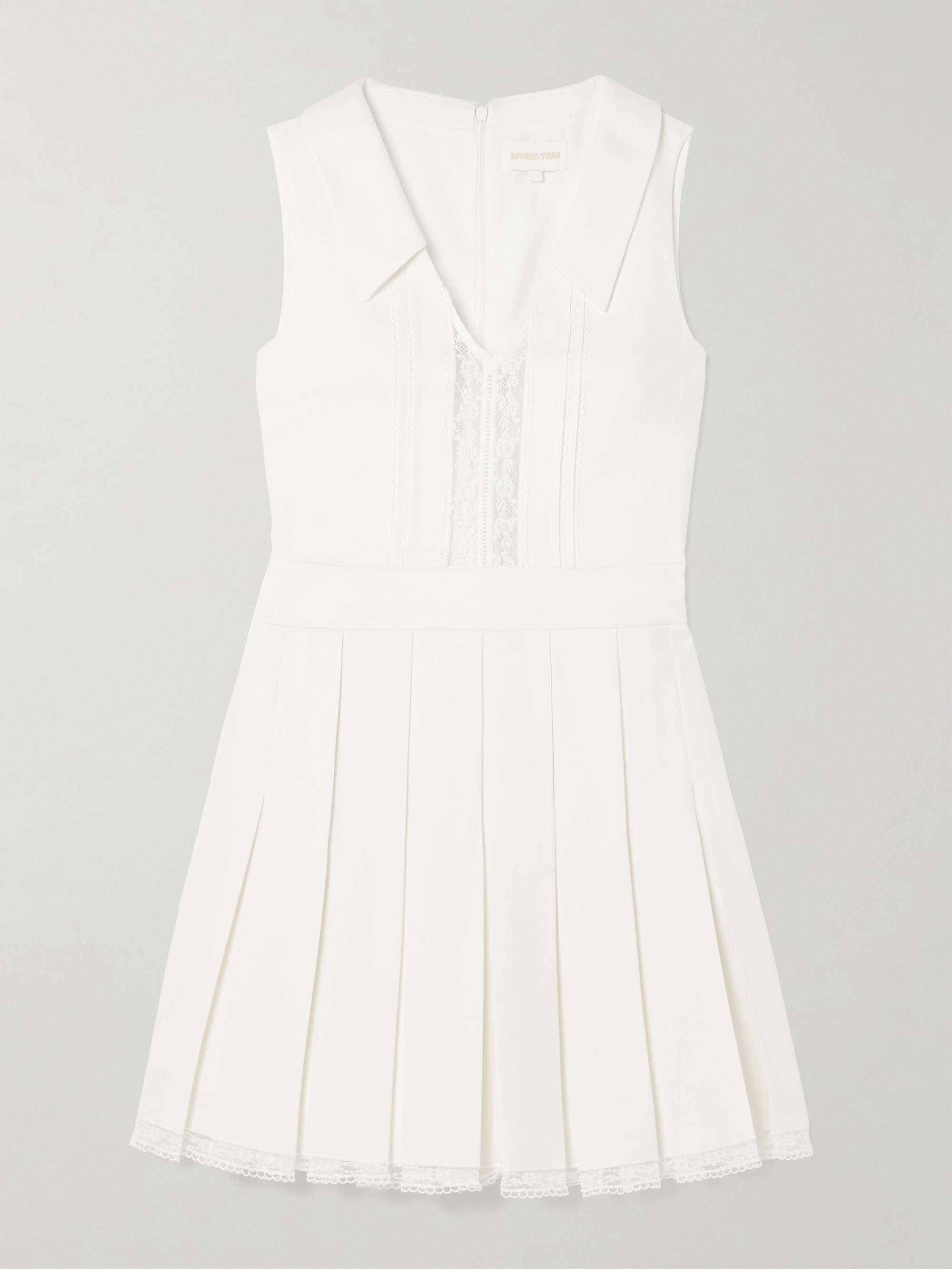 Lace-trimmed pleated wool and linen-blend mini dress hero visual