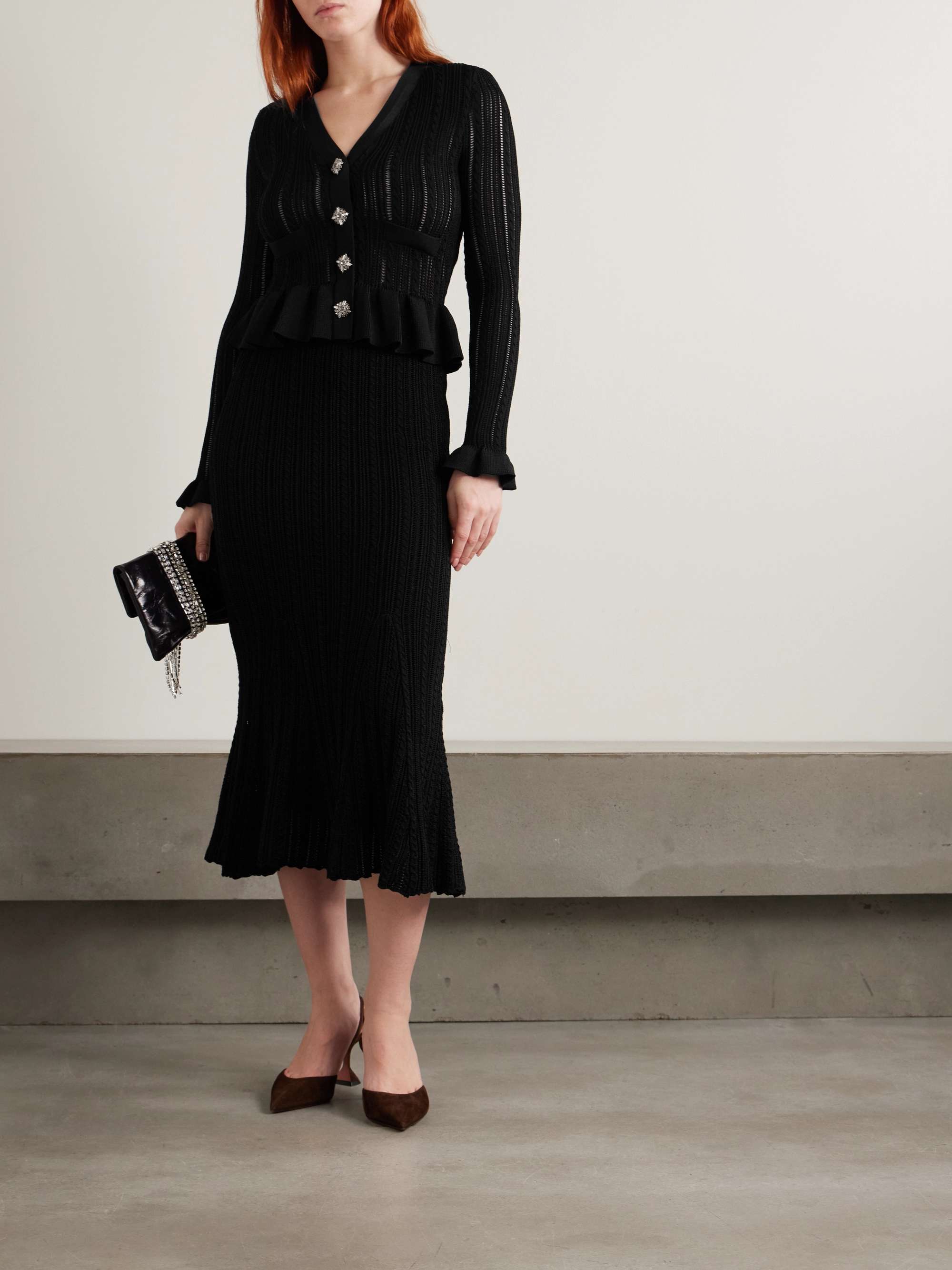 Crystal-embellished pointelle-knit peplum midi dress view