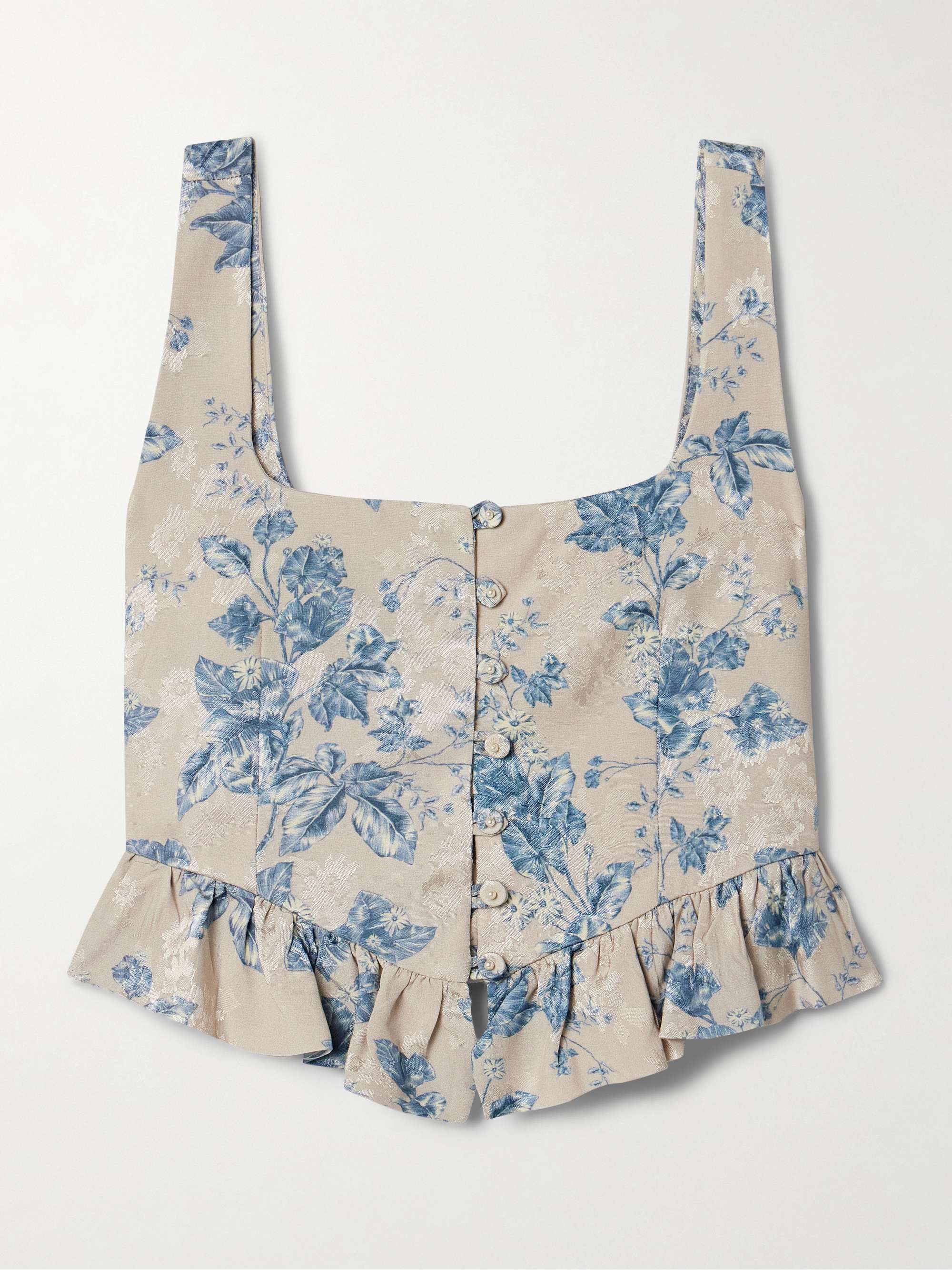 Eslabon Bougainvillea cropped ruffled floral-print satin-jacquard top hero visual