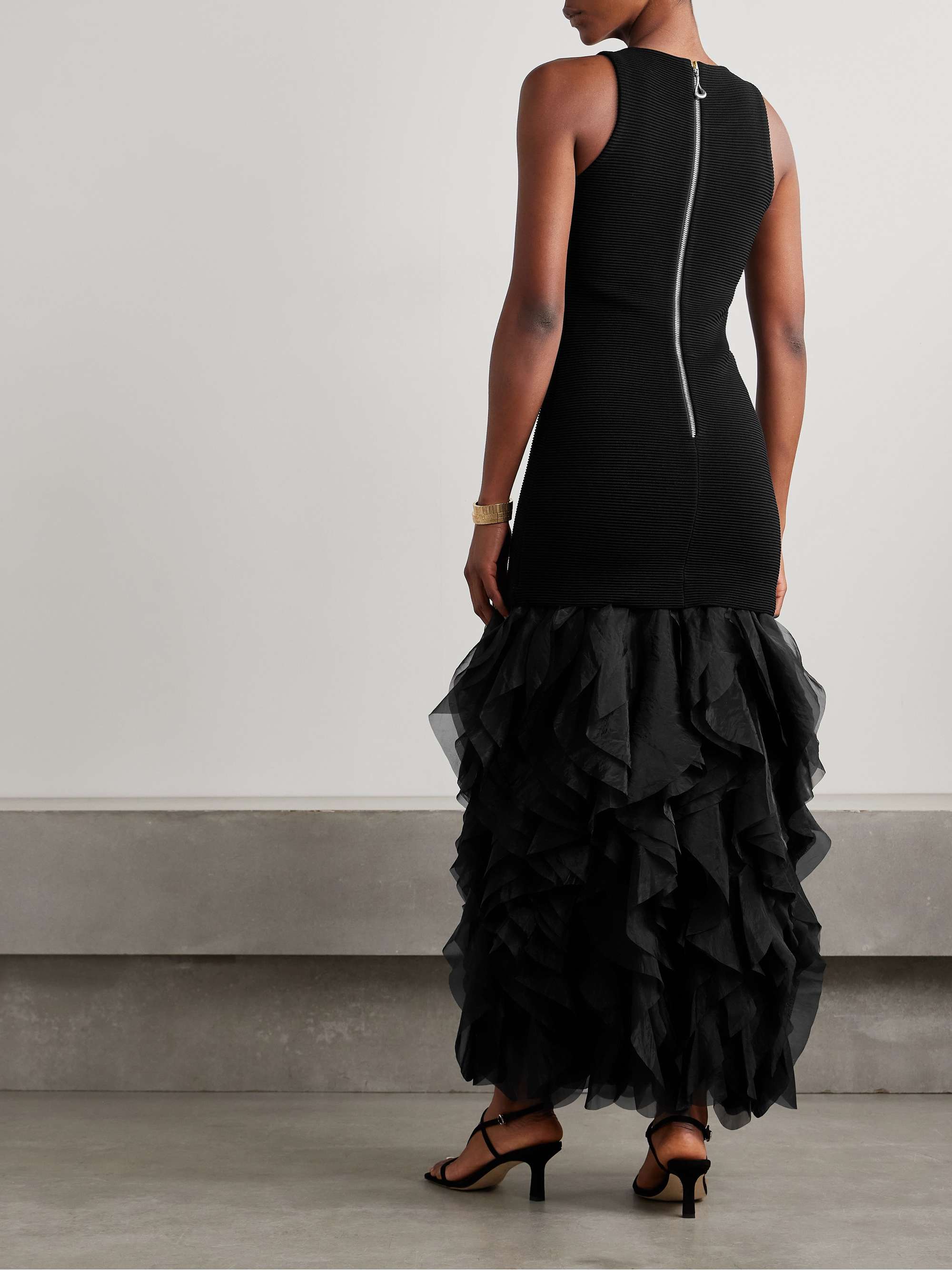 Elations ribbed-knit and ruffled organza maxi dress view
