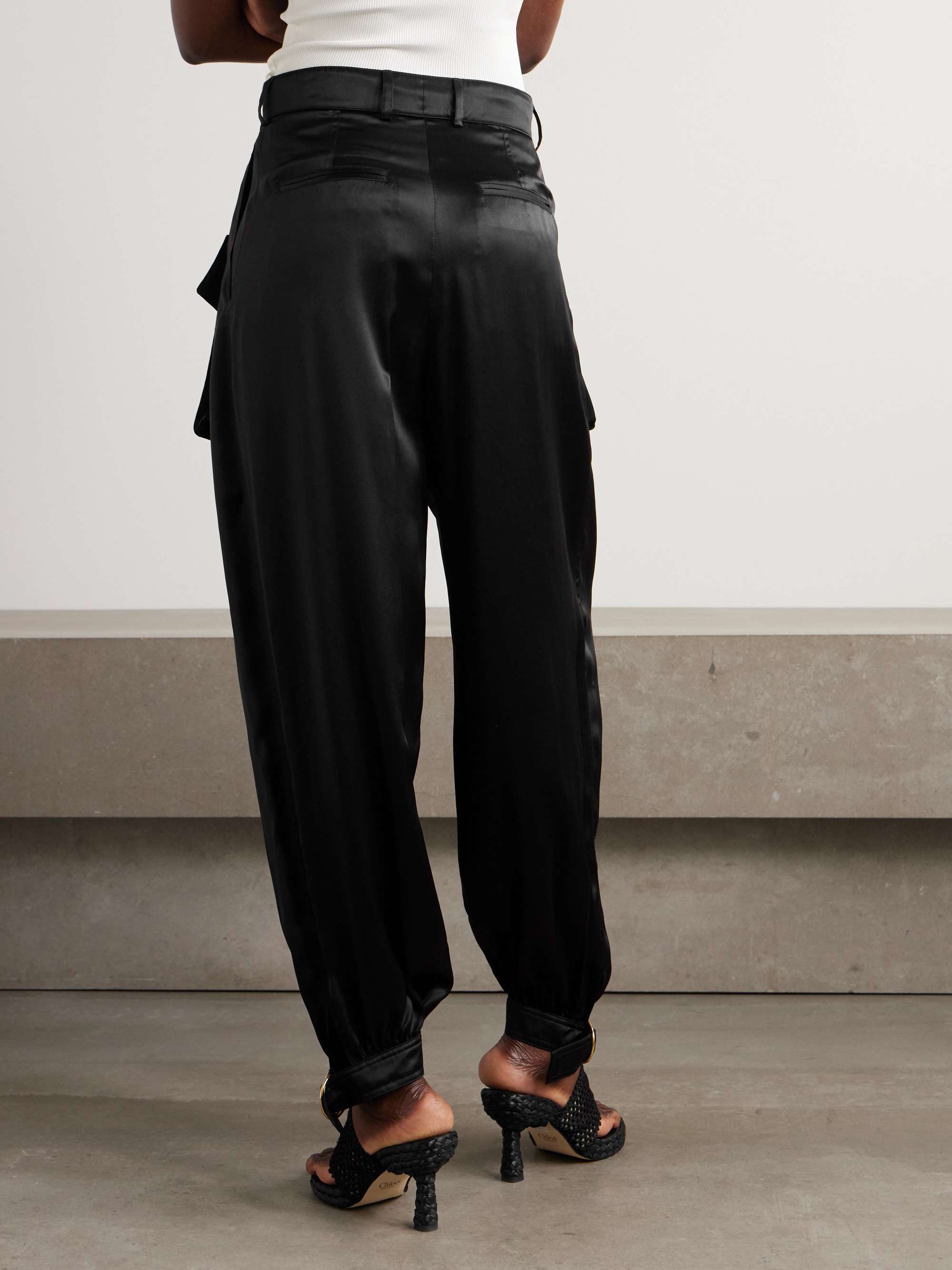 Embellished pleated silk-satin tapered pants view