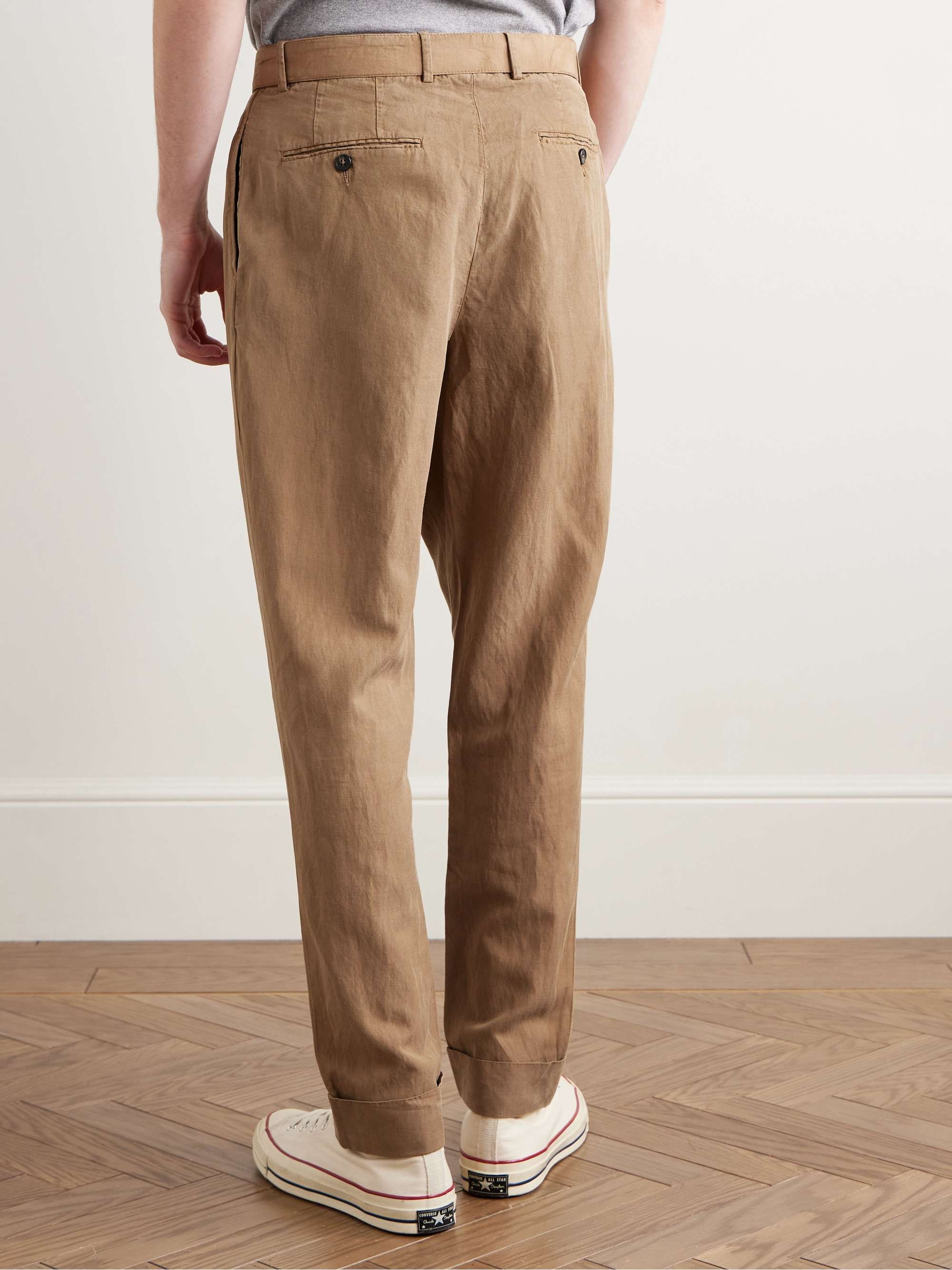 Pierre Tapered Pleated Belted Garment-Dyed Lyocell, Linen and Cotton-Blend Trousers view