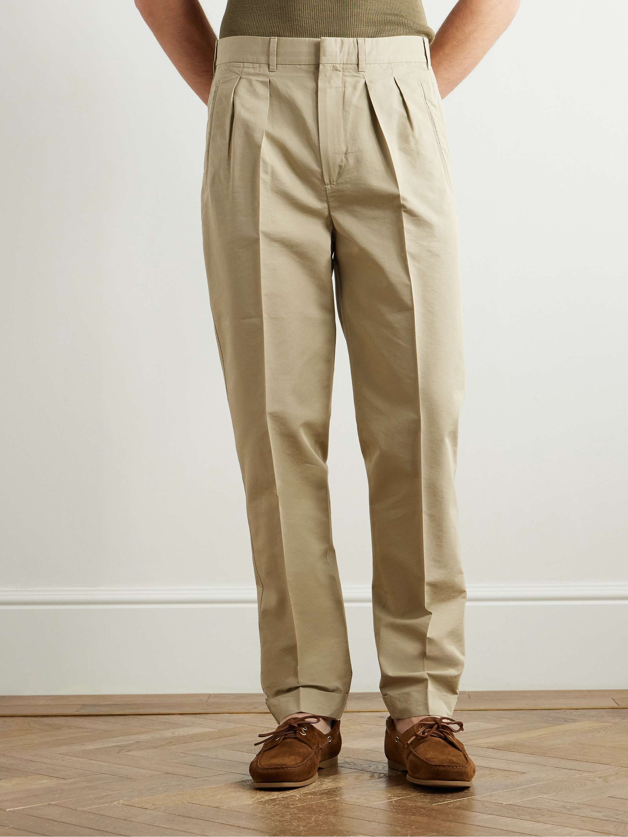 Straight-Leg Pleated Cotton and Silk-Blend Poplin Trousers view