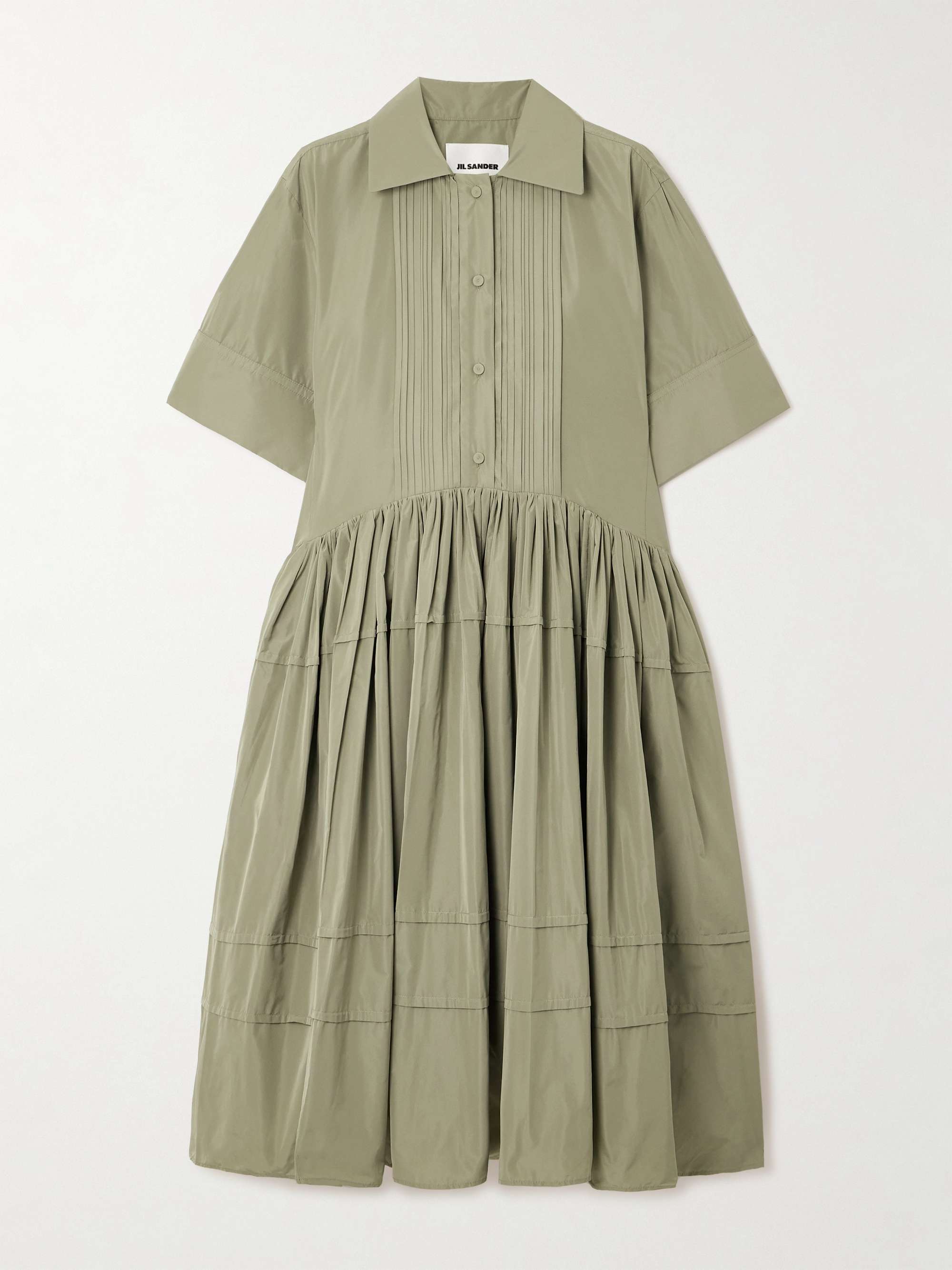 Pleated sateen midi shirt dress hero visual