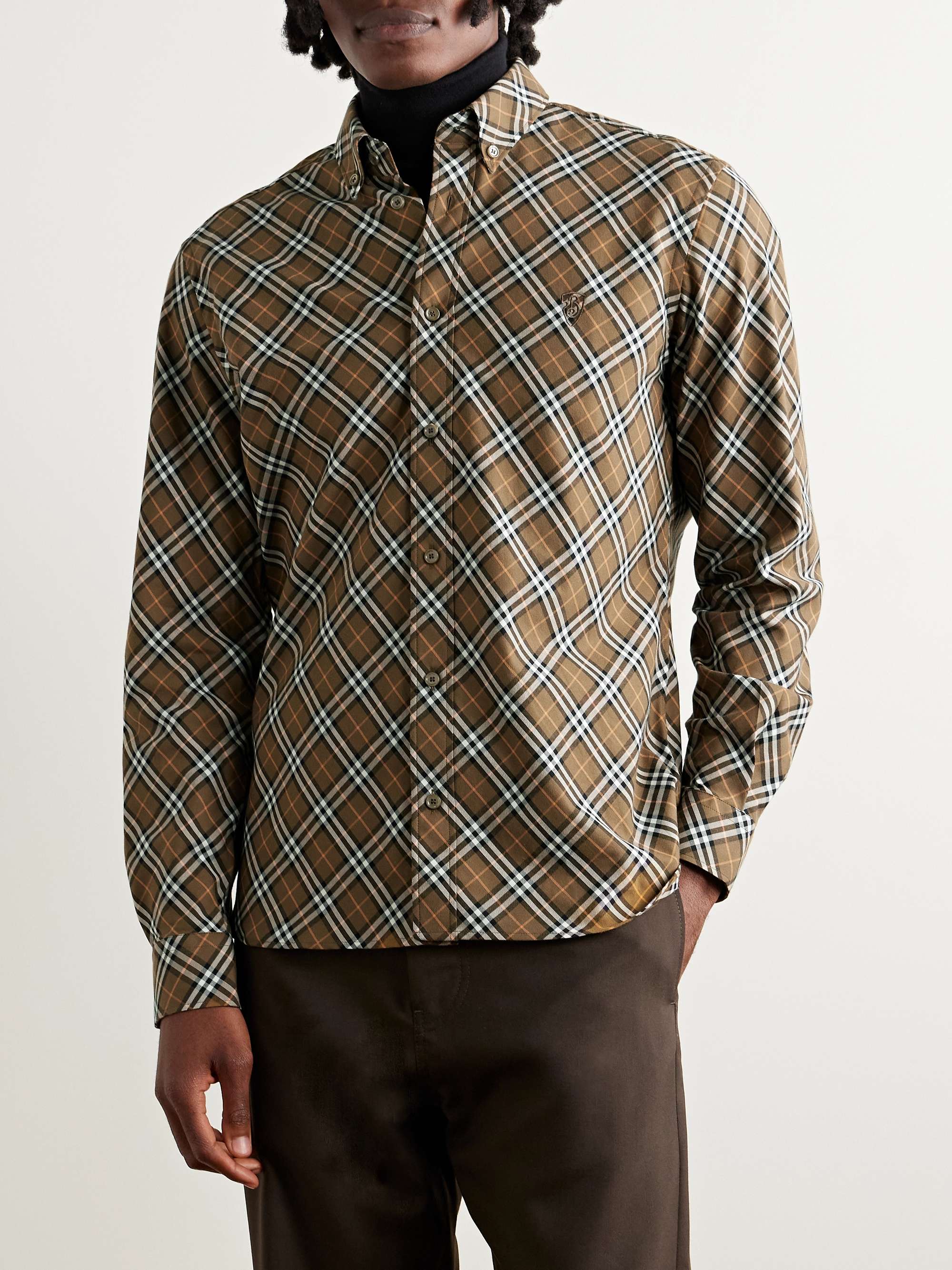 Button-Down Collar Logo-Embroidered Checked Cotton-Flannel Shirt view