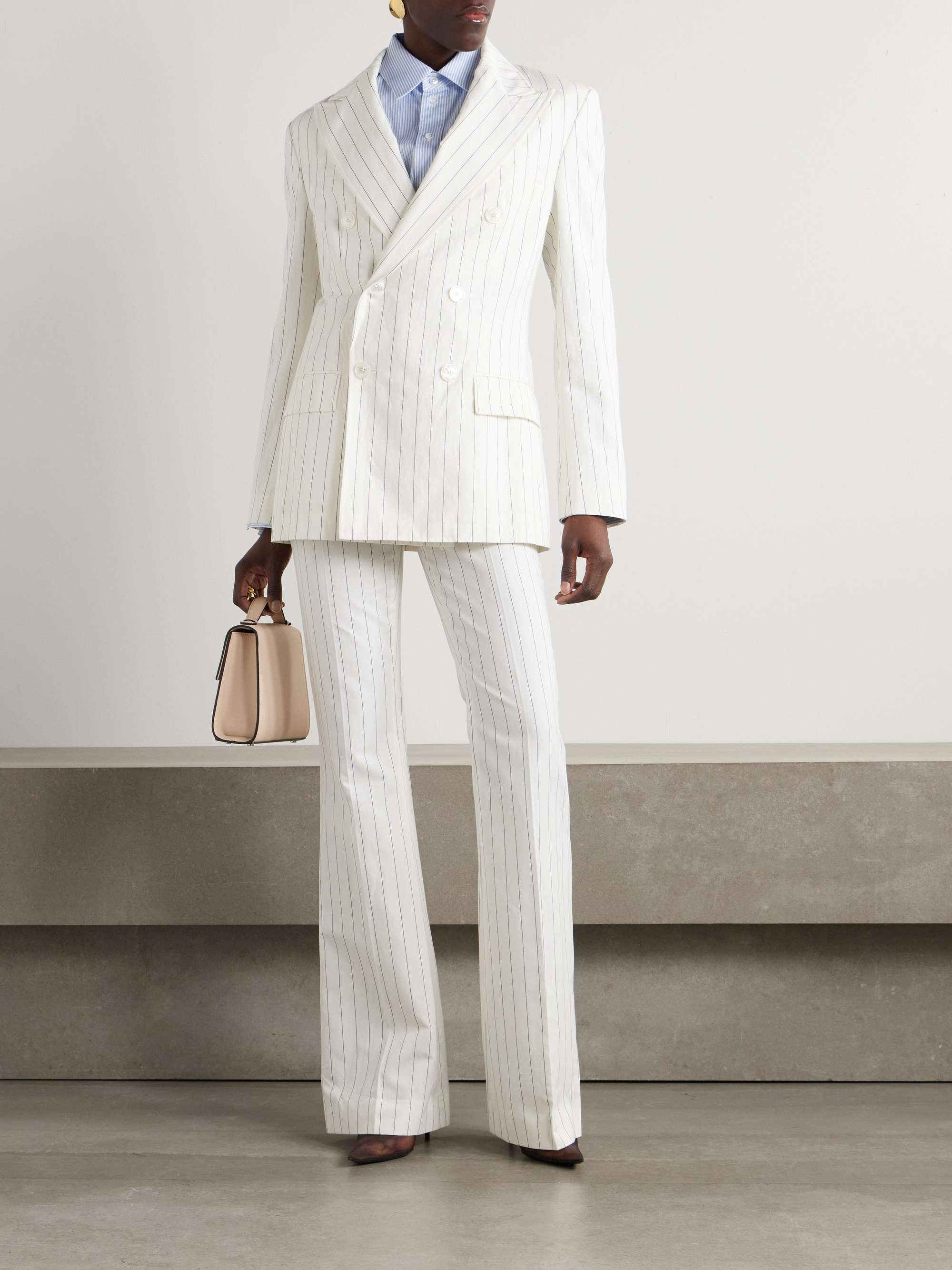 Neeva pinstriped cotton, linen and wool-blend flared pants view
