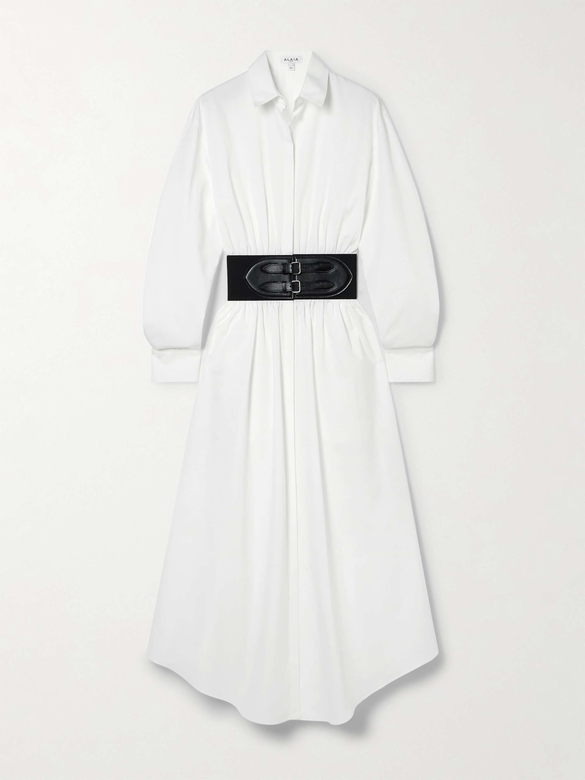 Belted leather-trimmed cotton-poplin midi shirt dress hero visual