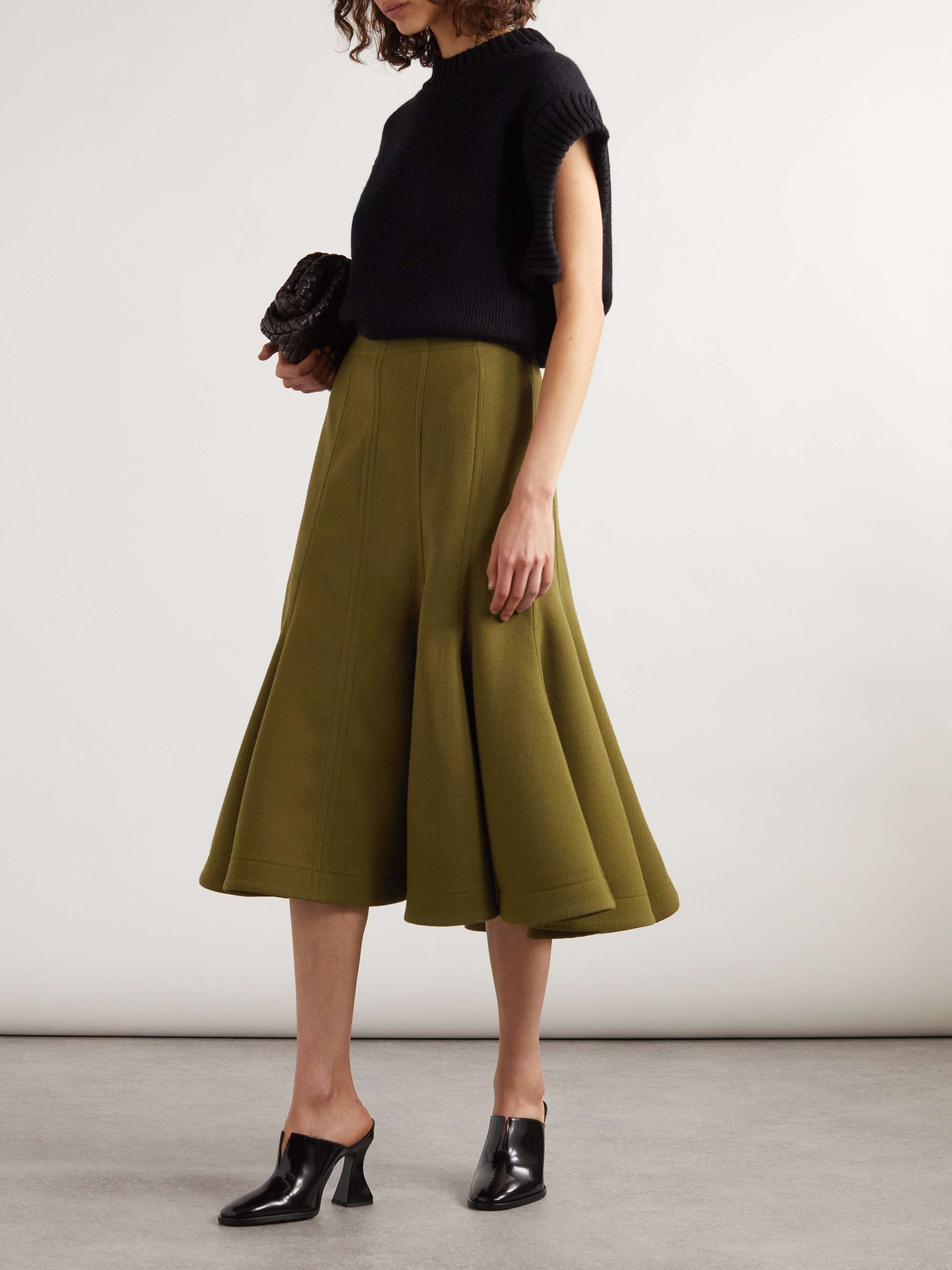 Paneled pleated wool-crepe midi skirt view