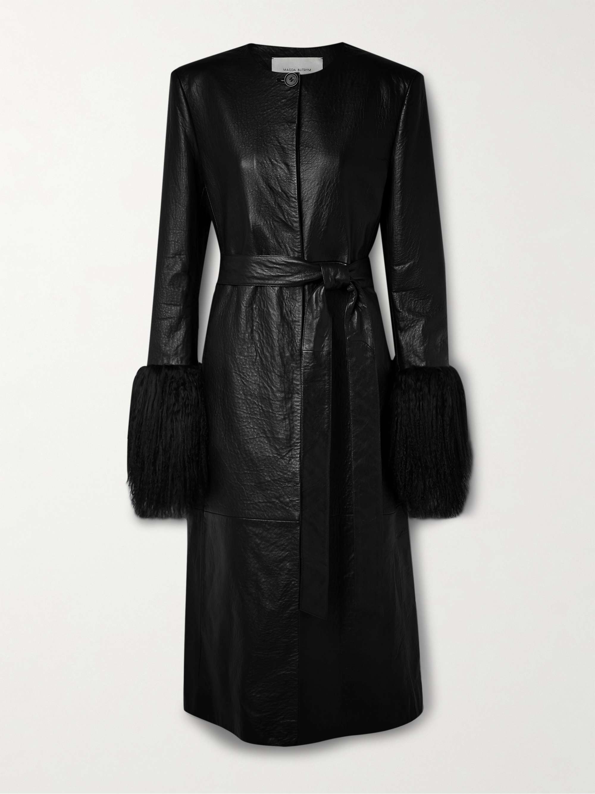 Belted faux fur-trimmed textured-leather coat hero visual