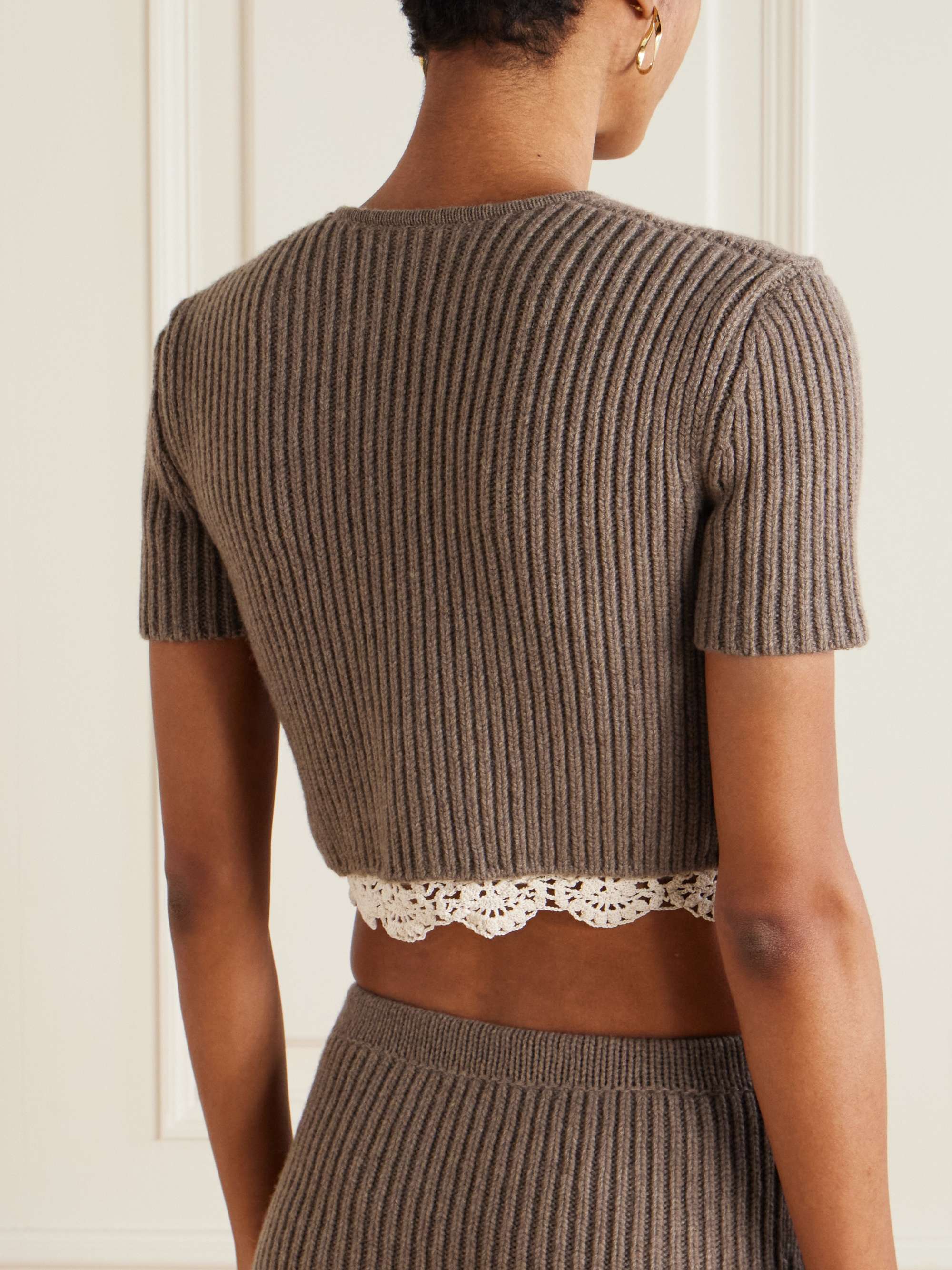 Cropped cotton crochet-trimmed ribbed cashmere cardigan view