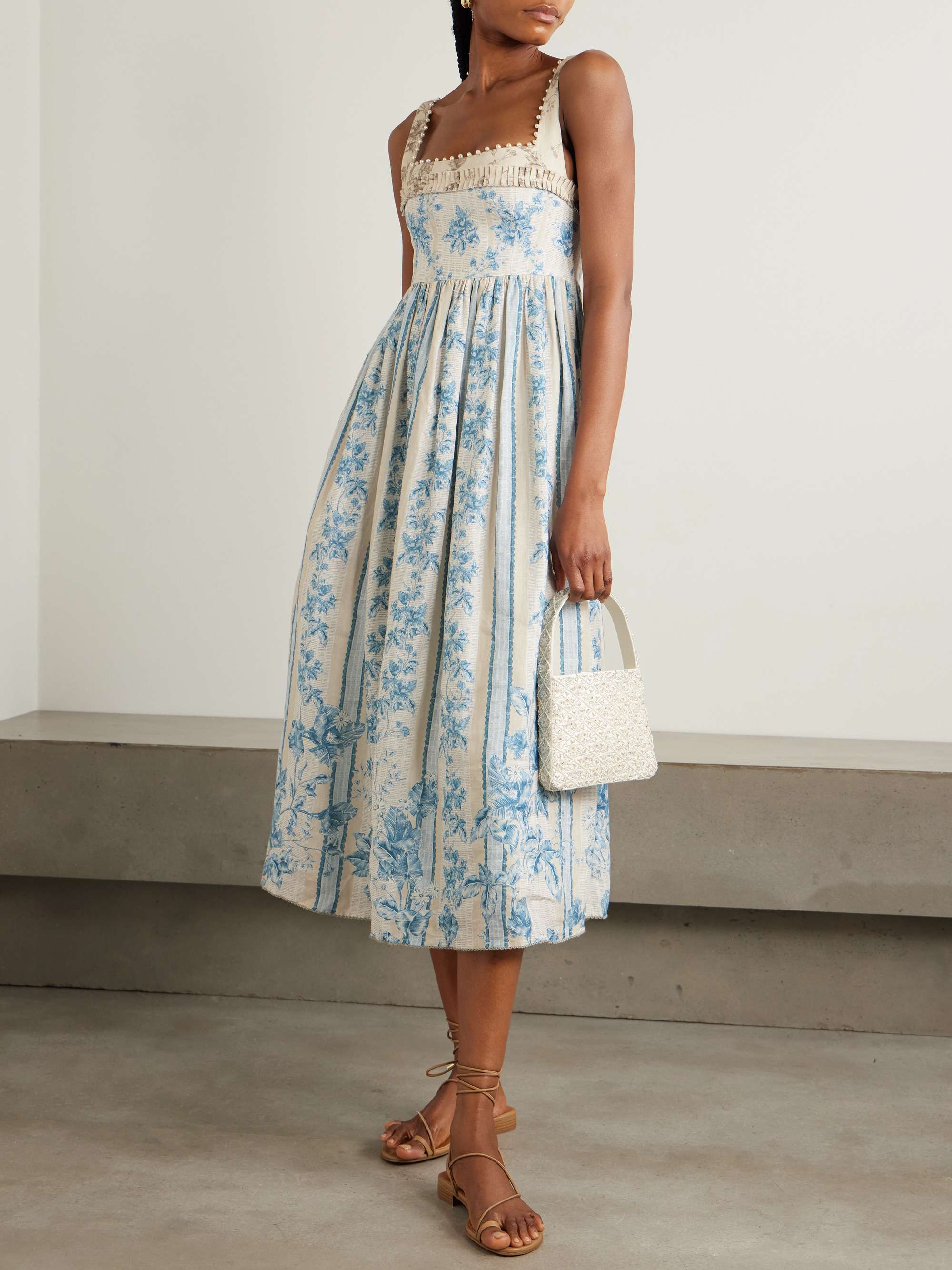 Barbara Bougainvillea embellished printed linen midi dress view