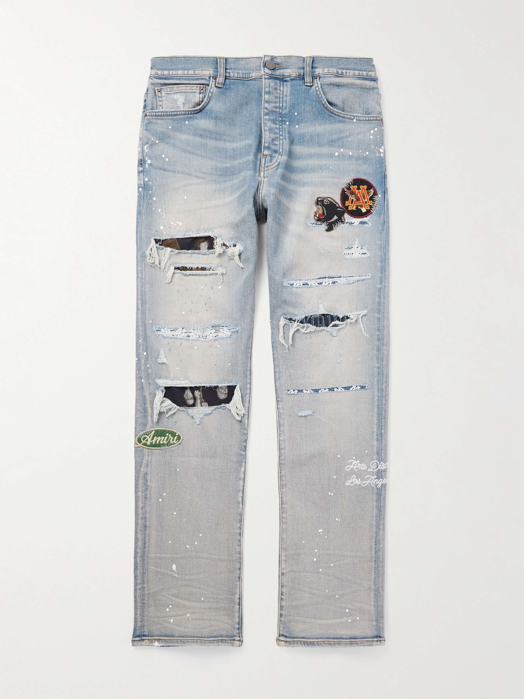 Skinny-Fit Appliquéd Distressed Paint-Splattered Jeans hero visual