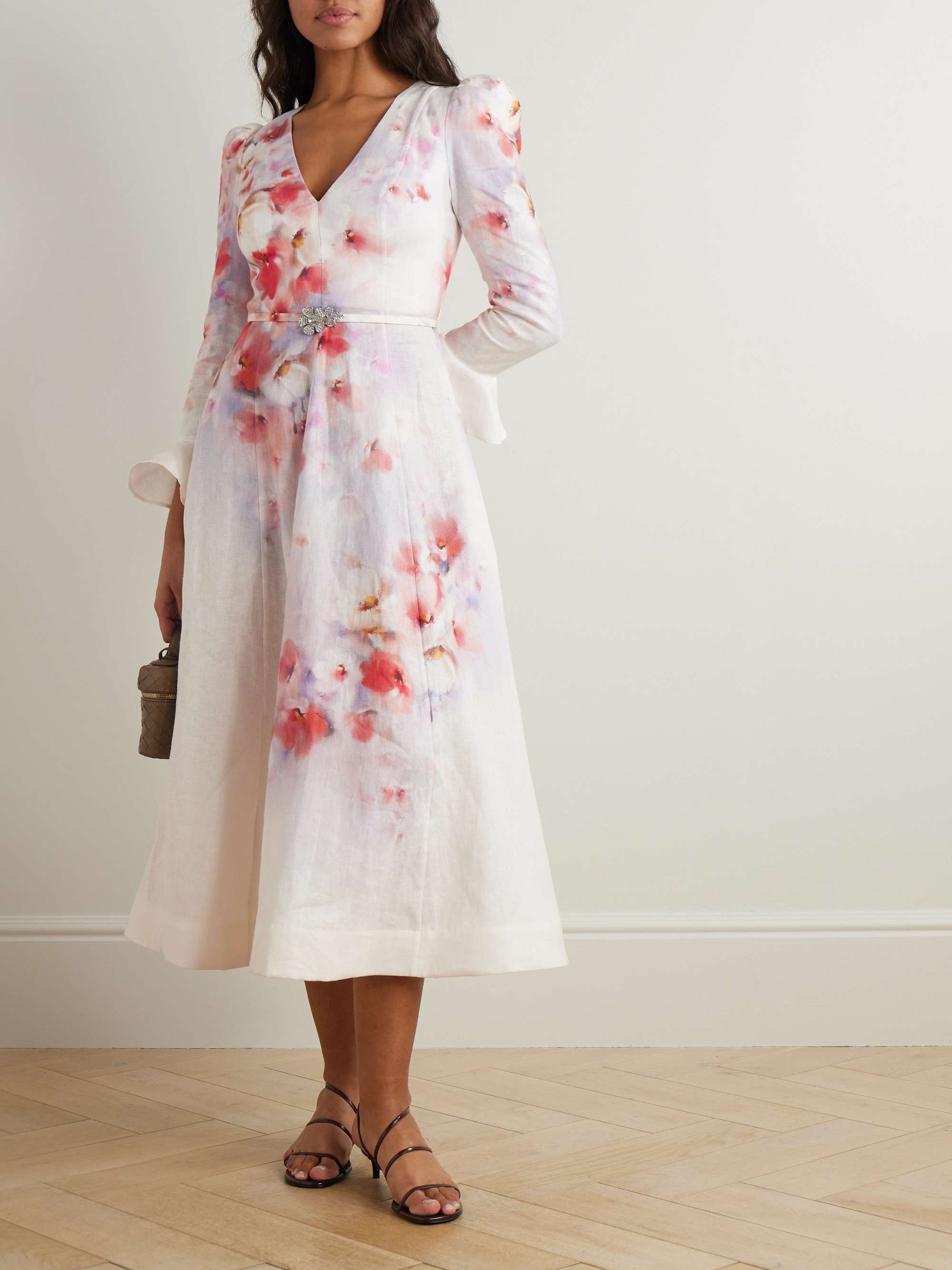 Crush belted floral-print linen midi dress view