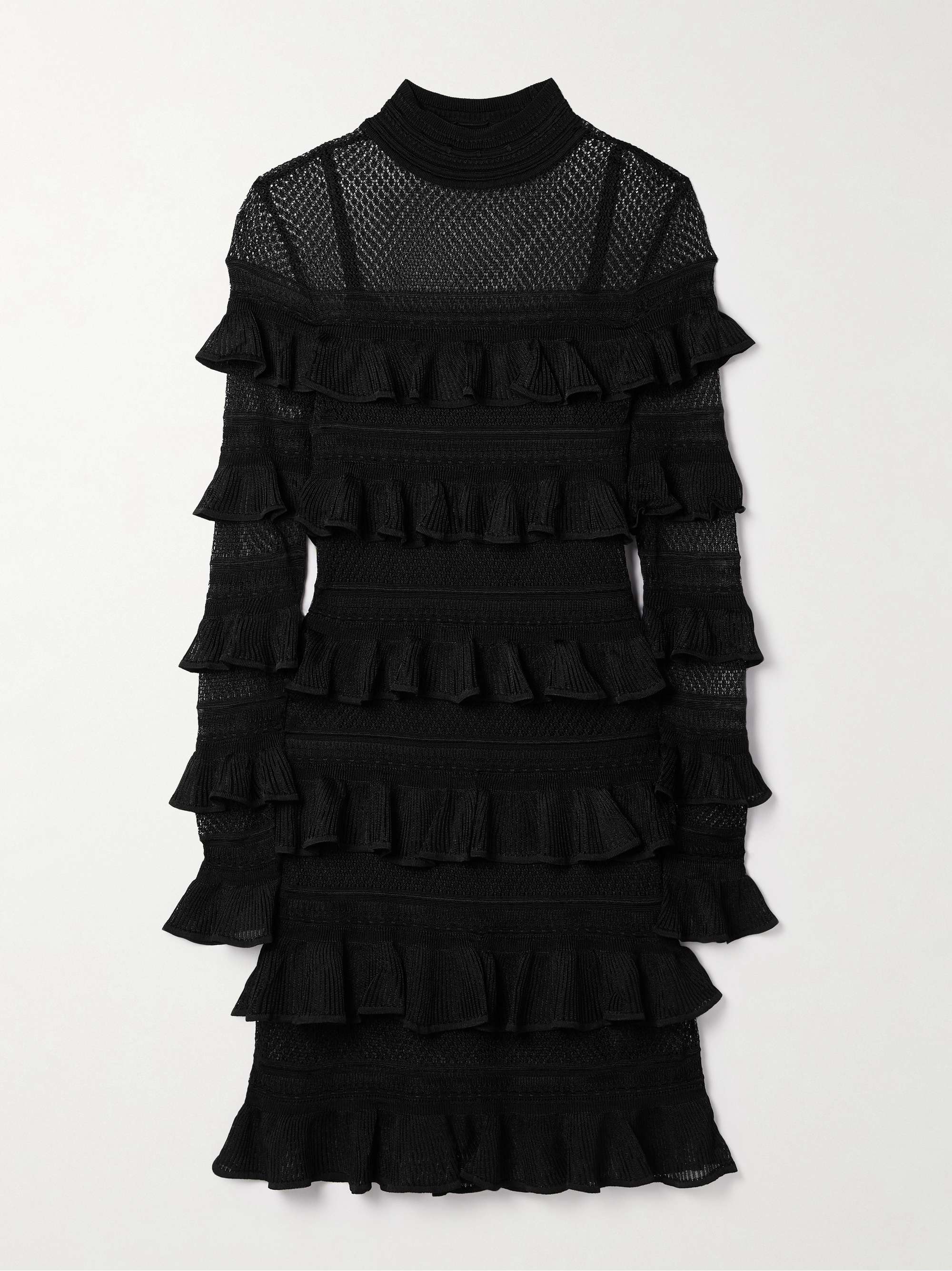 Crush paneled ruffled ribbed-knit and crochet mini dress hero visual