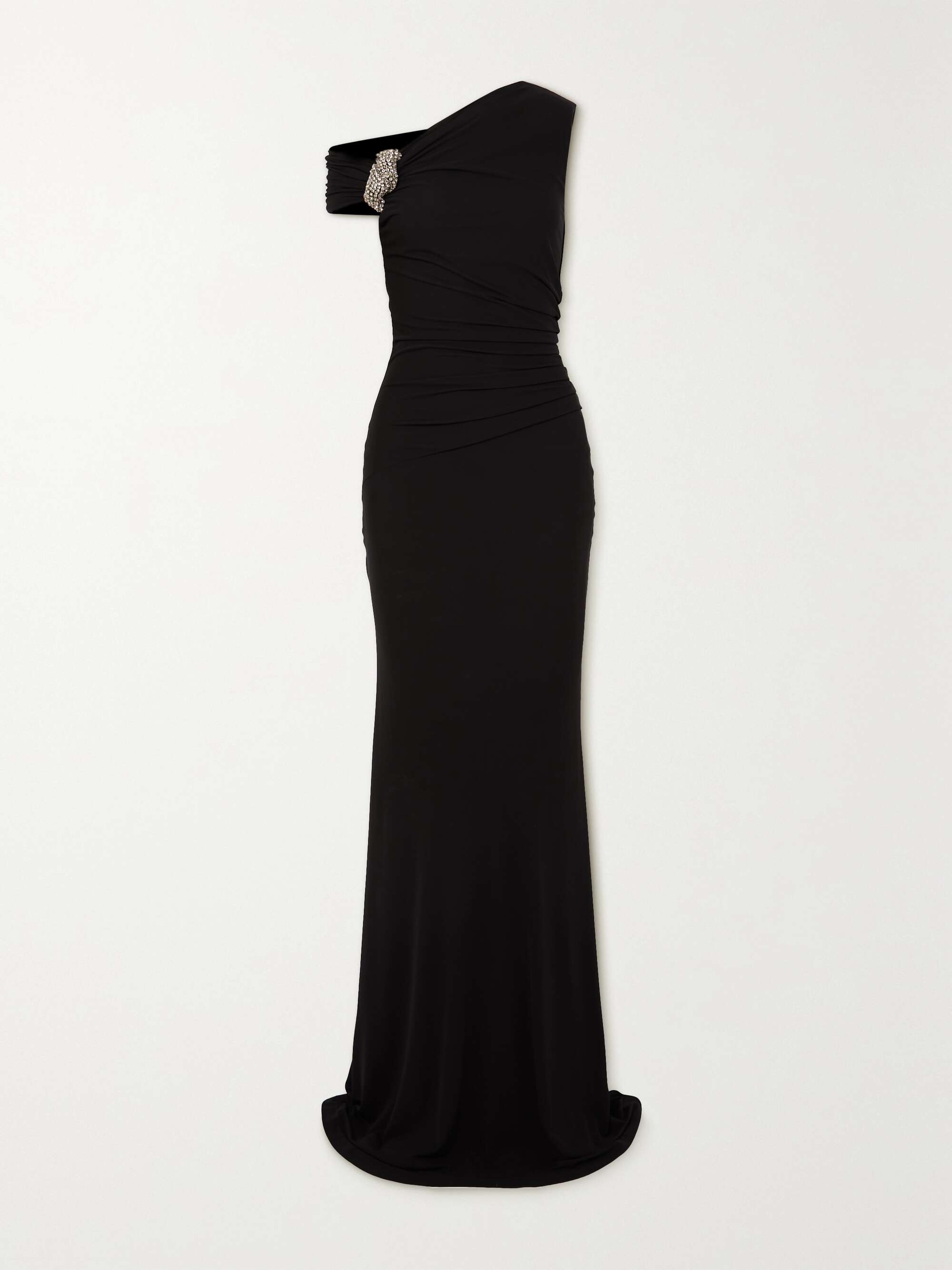 One-shoulder crystal-embellished gathered jersey-crepe gown hero visual