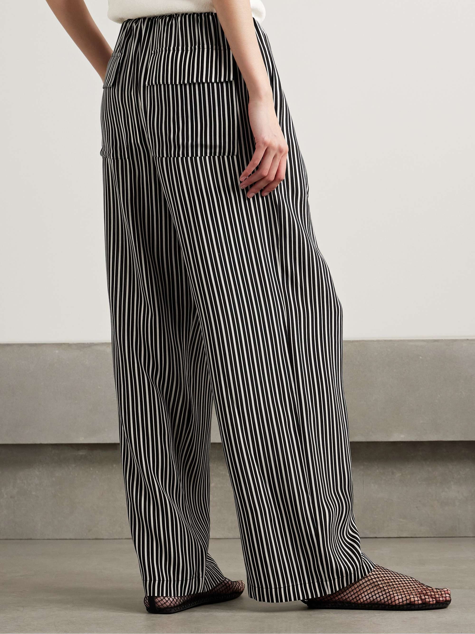 Pleated striped recycled-crepe de chine straight-leg pants view
